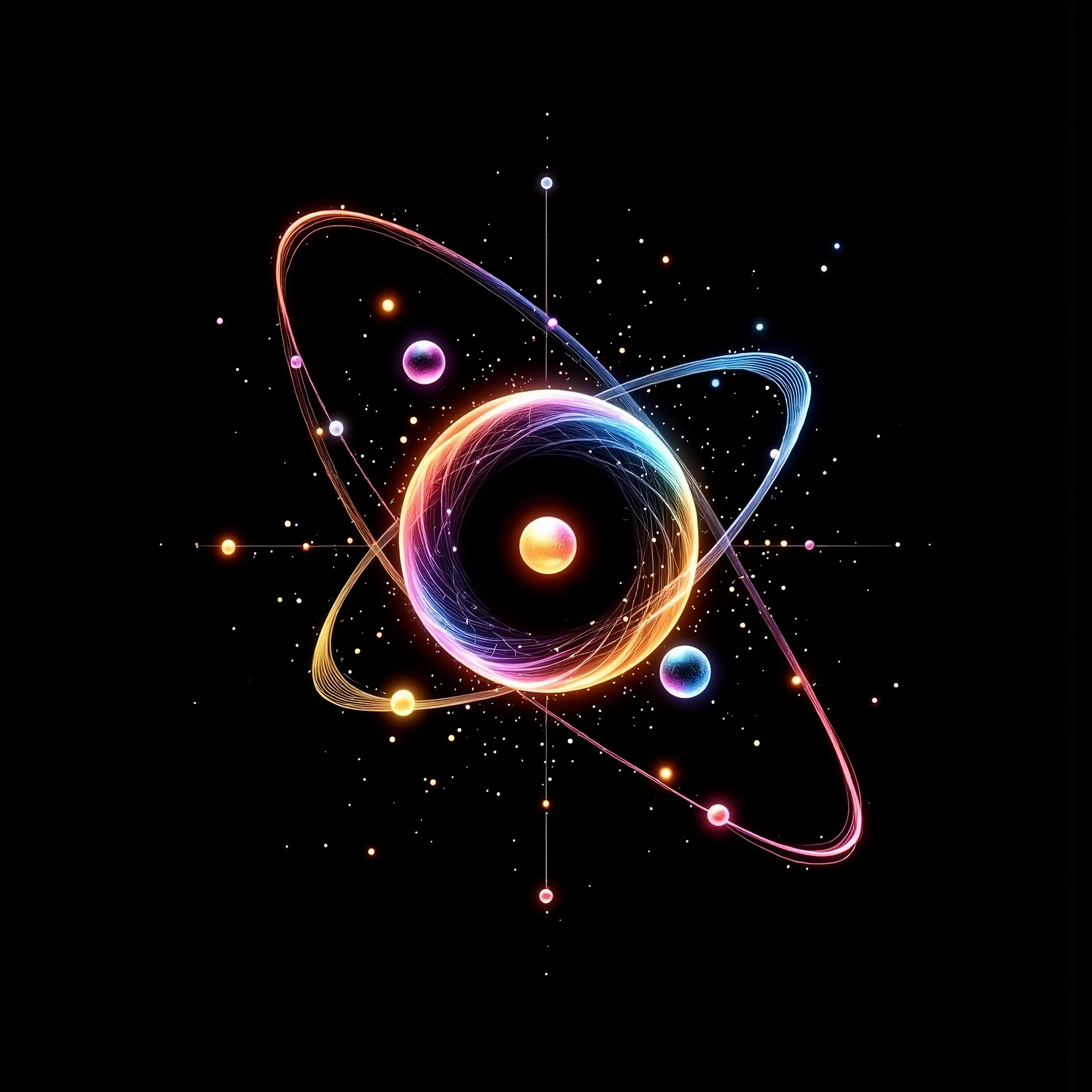 On a black background, at the quantum level of matter, create for me two particles represented in the form of two relatively short threads of thread, of different colors, which represent the basic elements of the formation of matter. The two particles in the form of two relatively short threads of thread, are embraced in a dance of vibrations, in harmony with each other, forming through this dance a perfect sphere which in turn attracts other pairs of particles that vibrate in the same harmony, together forming the elements that make up the nucleus of an atom.
