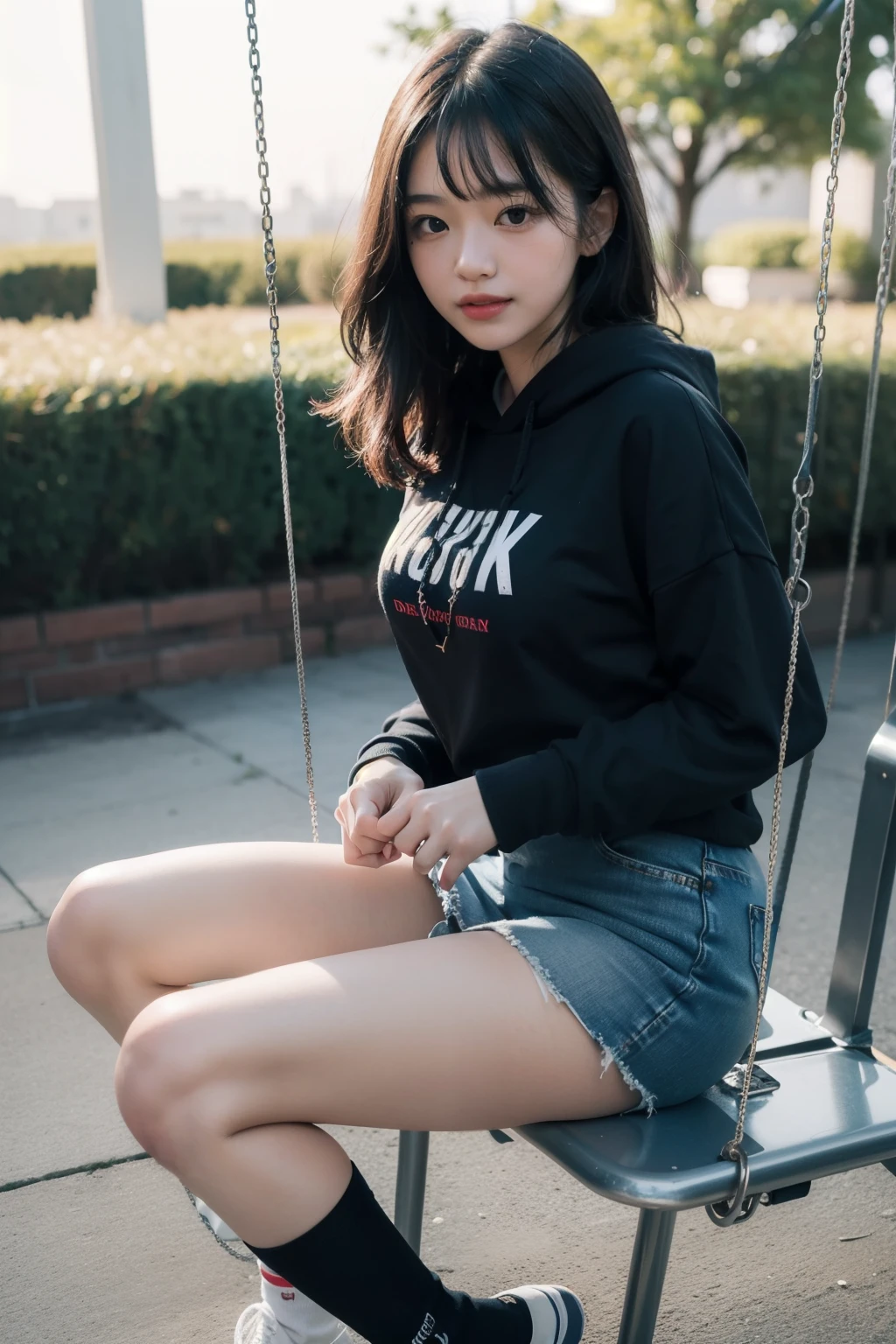 Squat, Shorts Sweatshirt, (Best Quality, 4k, high resolucion), Ultra-detailed, (Photorealistic:1.37), Vivid colors, Beautiful Korean Woman, Vivid faces, 20-year-old female college student, Full-body photograph, bright look, Sunny weather, The streets of Seoul, large full breasts, Very pleasant expression, Angular sternness