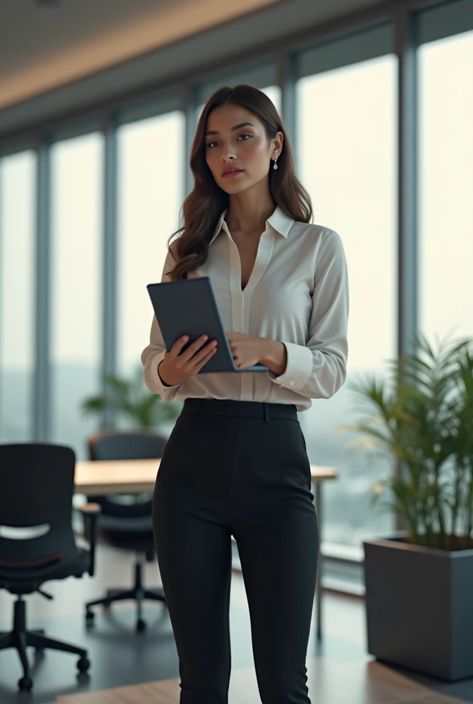 Create an image of an 1 Asian businesswoman standing and working on a MacBook. She is smiling with a cute and charming face. The image is full-body, with a slightly revealing outfit, showcasing a youthful and modern appearance.