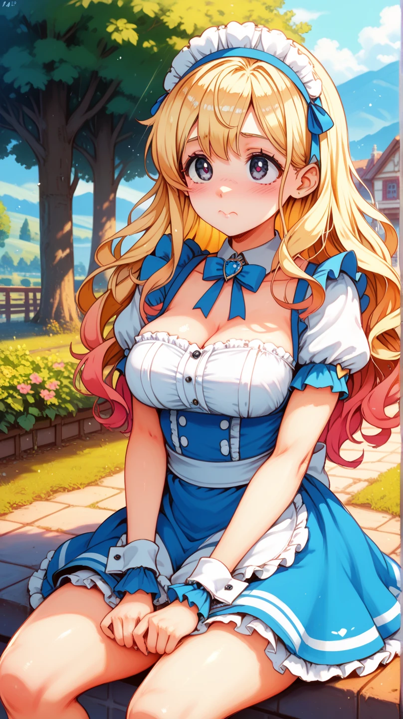 wonderland world,Grass bush with heart-shaped flowers,Soldier of Trump,sweets, Toys, and the playing cards scatter in the air,Large glass jar,There&#39;Girl in a glass bottle,fluffy hair,long hair of bright golden color,,,,,hair band with big black ribbon..,naughty white and blue striped dress,Voluminous princess dresses,alice in the wonderland,Smiling kindly,Her chest is wide open and you can see her cleavage.,Slightly red tide,