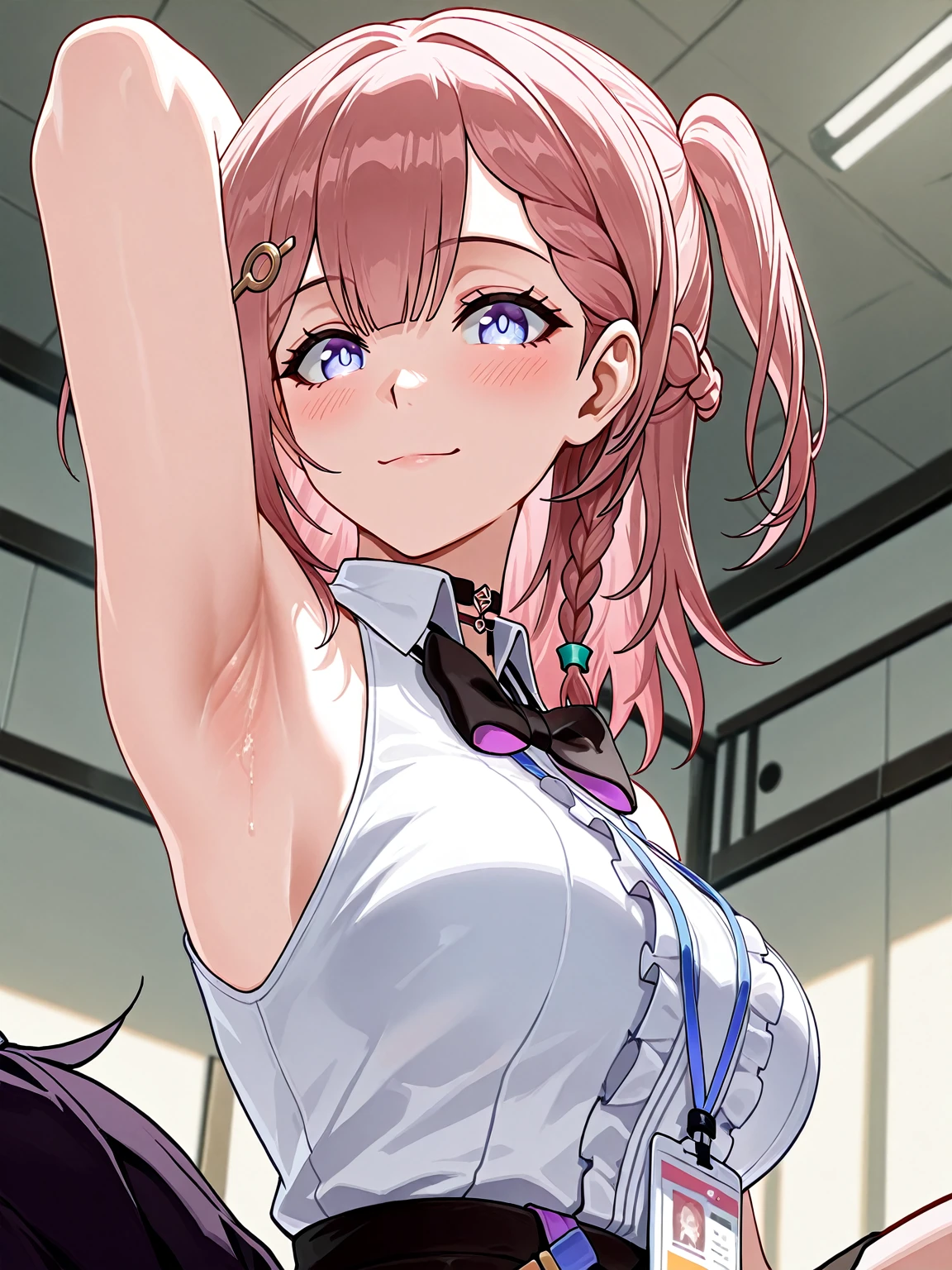 miyakoshikimori, miyako shikimori, long hair, blue eyes, hair between eyes, pink hair, sleeveless, side ponytail, tank tops, looking at viewer, indoors, classroom, (masterpiece:1.2), best quality, high resolution, unity 8k wallpaper, (illustration:0.8), (beautiful detailed eyes:1.6), extremely detailed face, perfect lighting, extremely detailed CG, (perfect hands, perfect ???????), ((hd armpits)), ((super detailed armpits)), ((sweaty)), ((close up armpit)), wet armpits