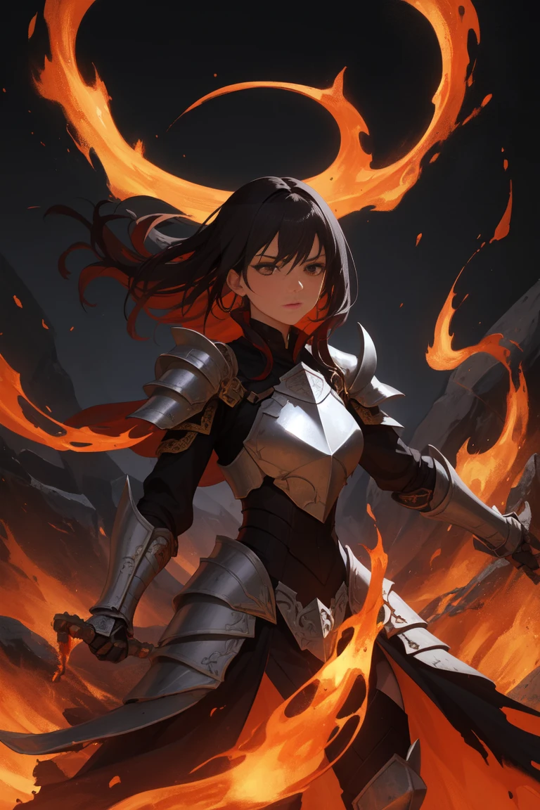 ((Best Quality)), ((Masterpiece)), ((Realistic)), ((Valkyrie)), Standing boldly before a roaring dragon's head, amidst a smoke-shrouded courtyard of a medieval fortress, due to the dragon's destructive flames shortly before the collapse stands. Debris and ash dance in the air as stray rays of moonlight find their way through the smoke into the courtyard, casting dramatic shadows. The Valkyrie, impressive in her detailed armour, her stance resolute, holds her sharp-forged spear ready to confront the dragon. Her helm reflects the flickering fire erupting from the dragon's head. Every piece of their armor and every element of their appearance speaks of their bravery and willingness to fight. The scorpion fish is a masterpiece in its own right, with bright, fierce eyes and sharp teeth protruding from its wide-open maw. Smoke and sparks rise from its nostrils, creating an ominous aura. Its mighty scales gleam in the dim moonlight, every detail testifying to its fearsome presence. The entire scene is lit by the flickering flames that eat away at the stonework of the once-proud fortress. One can clearly see the rough masonry, the cracks in the stones and the dust rising from the collapsing walls. Eye to eye, quaint, masterpiece