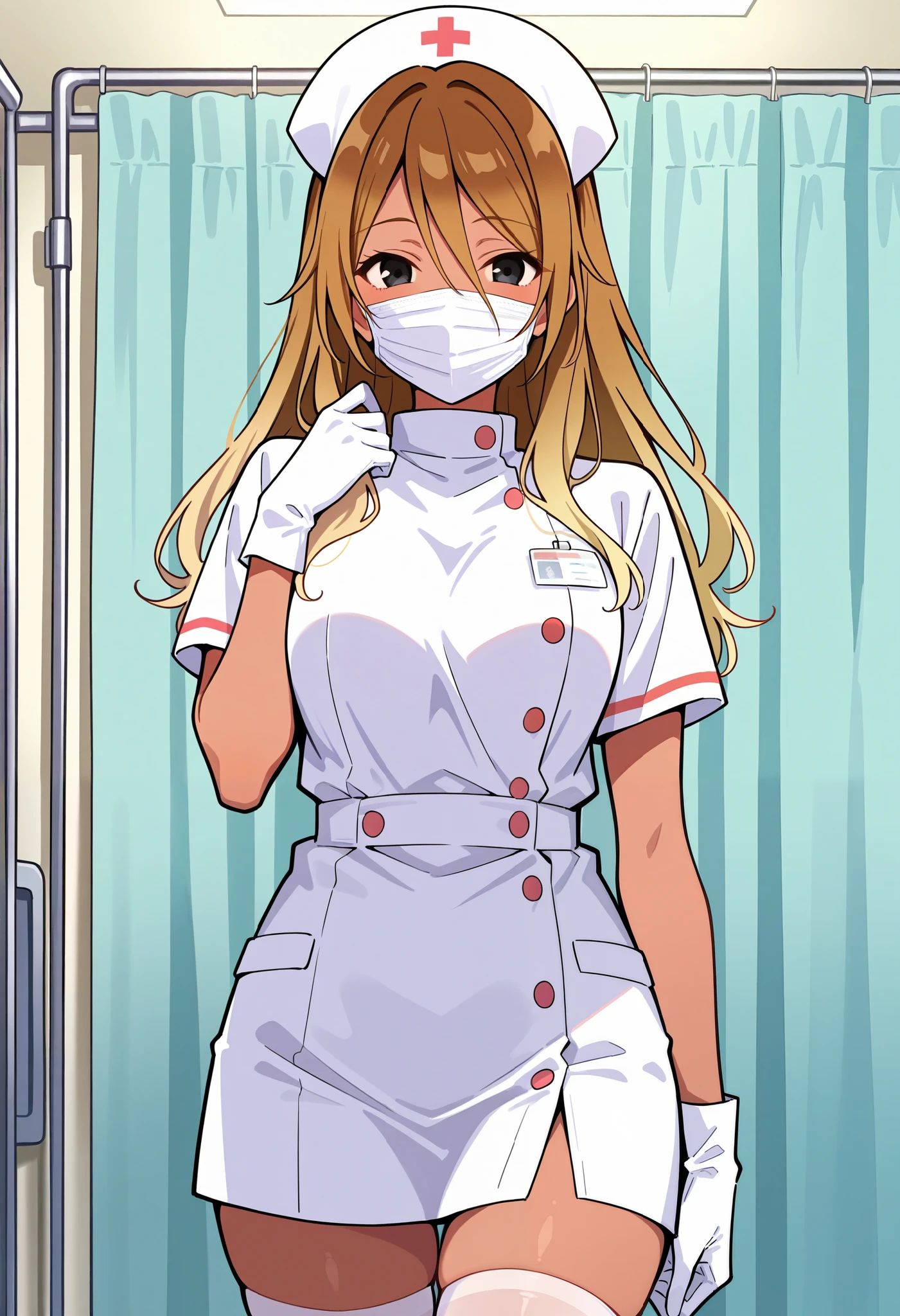 Score_9, score_8_up, score_7_up, source_anime, 1zum1, solo, dark-skinned female, tan, long hair, gradient hair, brown hair, blonde hair, hair between eyes, black eyes, (best quality), (high quality), {masterpiece}, extremely delicate and beautiful, ultra-detailed, beautiful detailed eyes, nurse, nurse hat, ((white nurse's outfit)), white gloves, white thighhighs, hospital room, ((white mask, mouth mask, covered nose)), standing