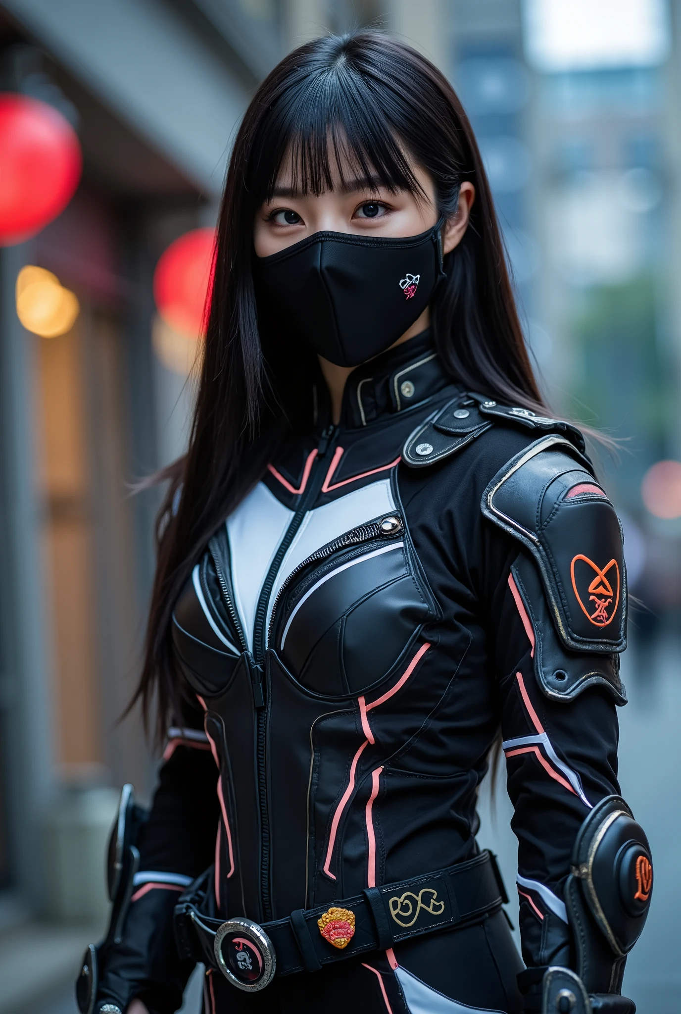 superhero, modern super hero costume, Color scheme: neon-lit Black Stealth Tactical White Contrast Strategic Accent Costume Details: Inserts Stripes Elegant Dynamic Logo Symbol Unique Mask and Accessories: Black Mask Kant Straps Holders Buckles Fasteners Armor and Functionality: Pads Elbows Knees Decorative Protective Armor Plates Accents, suit for girl, ninja, with a Chinese sword, beautiful korean woman with blue eyes, wh3ein, korean woman with bangs, courageous character, Kind, Brave, determination, on the battlefield, atmospheric perspective, Motion blur, 8k, super detailing, Best quality, uhd, high detail