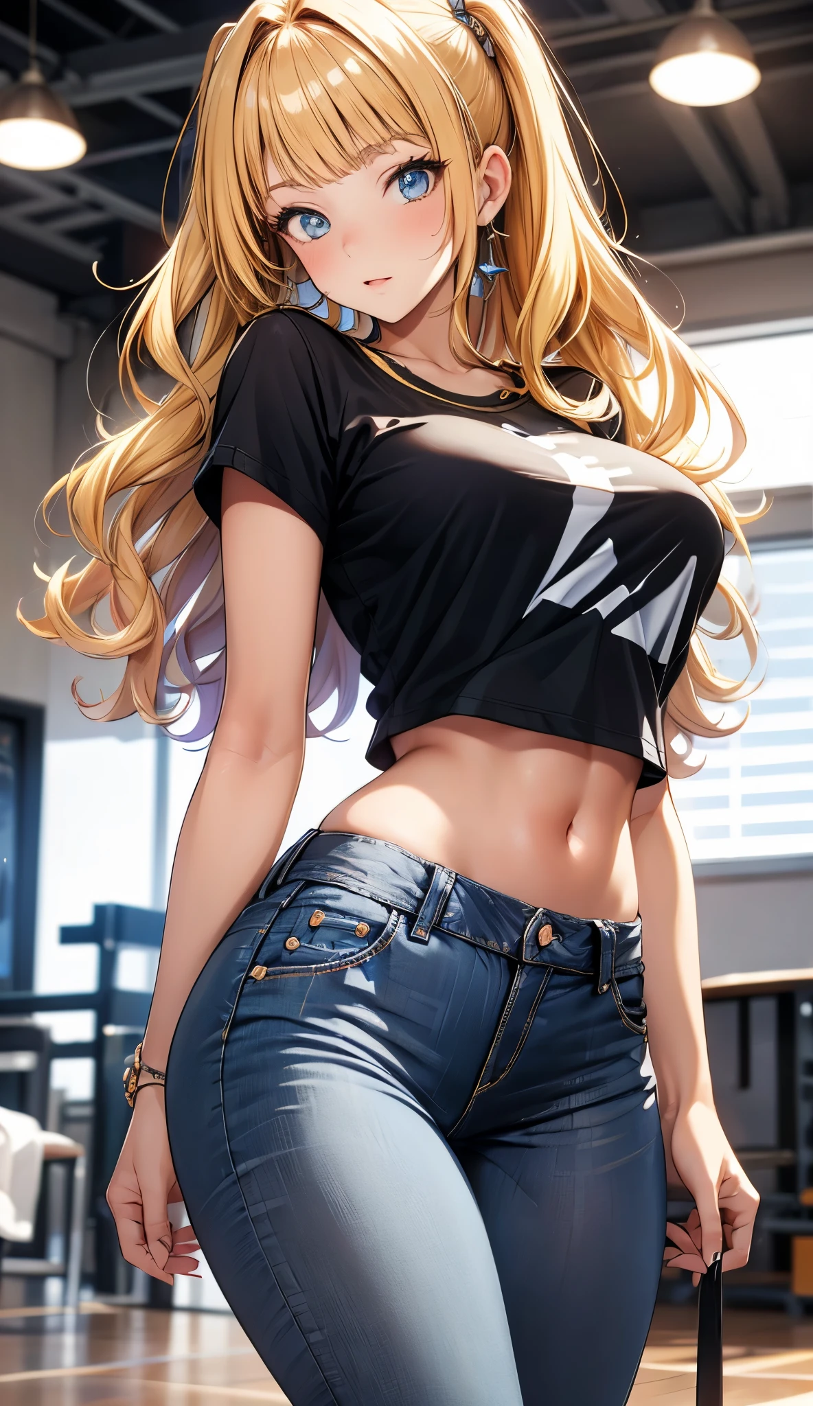 Elegant mature female, blonde hair, curly hair, long hair, elegant hairstyle, swept bangs, soft light, high detailed, 4k resolution, high quality, beautiful cg, camiseta branca curta, camiseta com decote, mostrando barriga, seios medios redondos, calça jeans skiny justa, calça rasgada nos joelhos, tenis que combinam com seu estilo, corpo inteiro, thicc coxas, pernas grossas, corpo fit, relogio de pulso, olhos claros