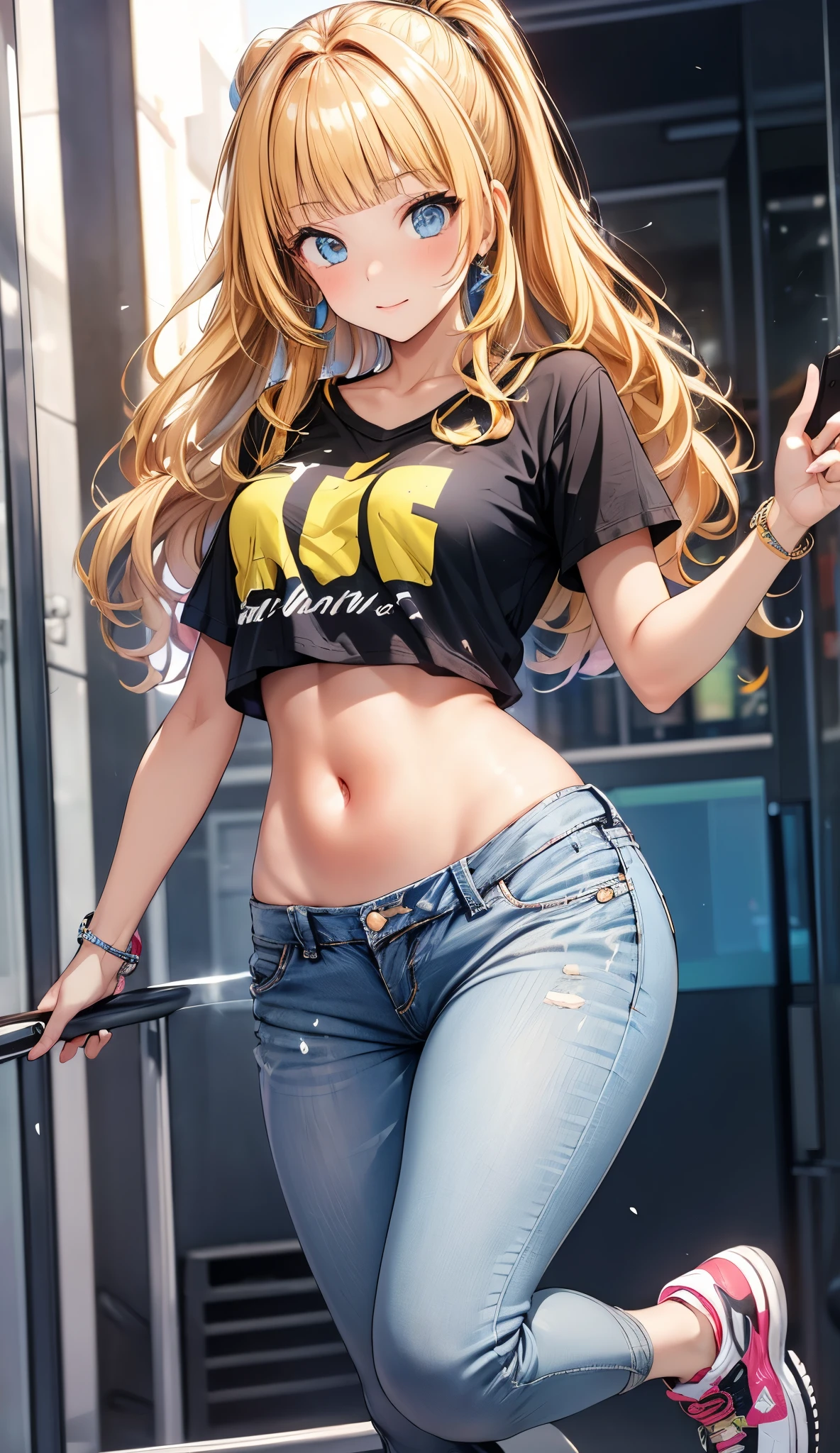 Elegant mature female, blonde hair, curly hair, long hair, elegant hairstyle, swept bangs, soft light, high detailed, 4k resolution, high quality, beautiful cg, camiseta branca curta, camiseta com decote, mostrando barriga, seios medios redondos, calça jeans skiny justa, calça rasgada nos joelhos, tenis que combinam com seu estilo, corpo inteiro, thicc coxas, pernas grossas, corpo fit, relogio de pulso, olhos claros