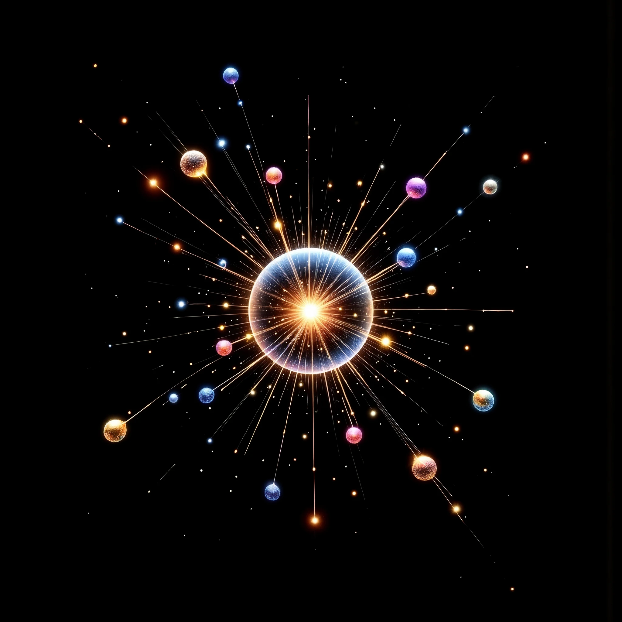 On a black with sparks background, at the quantum level of matter, create for me two particles represented in the form of two relatively short threads of thread of different colors, which represent the basic elements of the formation of matter. The two particles in the form of two relatively short threads of thread, are embraced in a dance of vibrations, in harmony with each other, forming through this dance a perfect sphere which in turn attracts other pairs of particles that vibrate in the same harmony, together forming the elements that make up the nucleus of an atom.