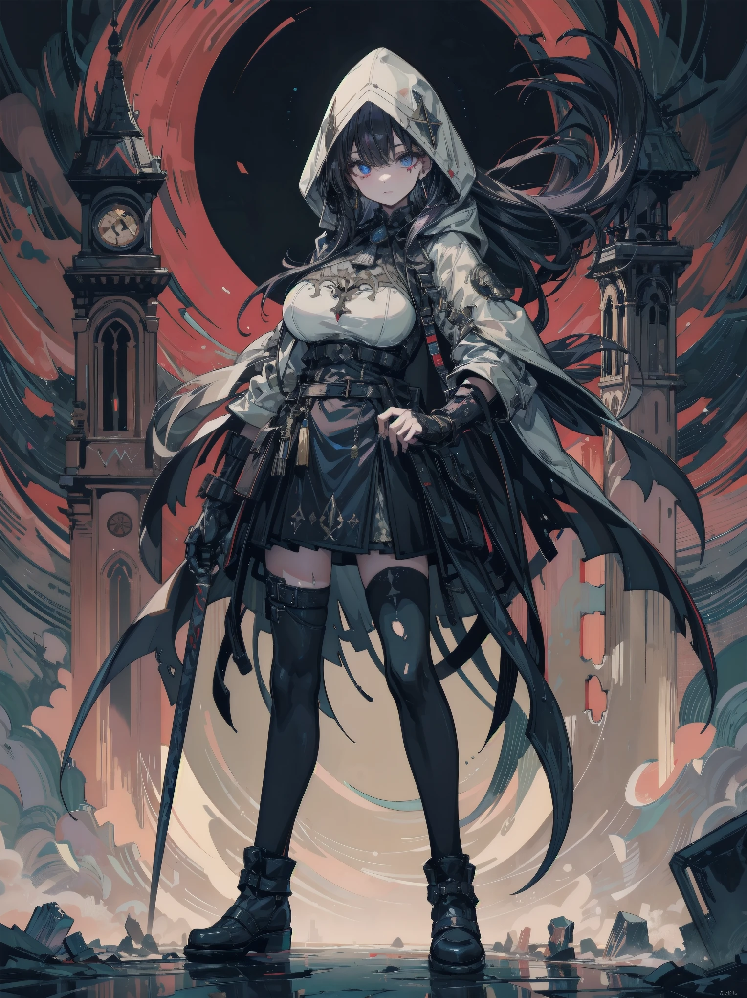 ((Girl in a suit)), ((Gorgeous Starry Sky Background)), ((Ultra Definition)), ((Best Illustration)), ((Cinematic Lighting)), Dynamic Angle, Floating, Detail, (Glitter: 1.2), (Shine: 1.2), (Shine: 1.2), Classic, (Paint: 1.1), (Sketch: 1.1), (Best Quality), (Masterpiece: 1.2), (Anime-style), ( Solo), Beautiful Detail Face, (Big Eyes: 1.3), Red Hair, (Long Hair: 1.2), (Floating Hair: 1.2), (Suit), Detailed Costumes, (Shining Sword: 1.3), (Magic Effects: 1.3), (Cute Boots: 1.1), (Transparent Fabric: 1.1), (Glitter: 1.2), (Glow: 1.2), (Glow: 1.2), (Shine: 1.2), (Flicker: 1.2), (Dazzle: 1.2), Big, Ceremonial Clothes, Black Suit , slacks, big breasts, full body, black pants