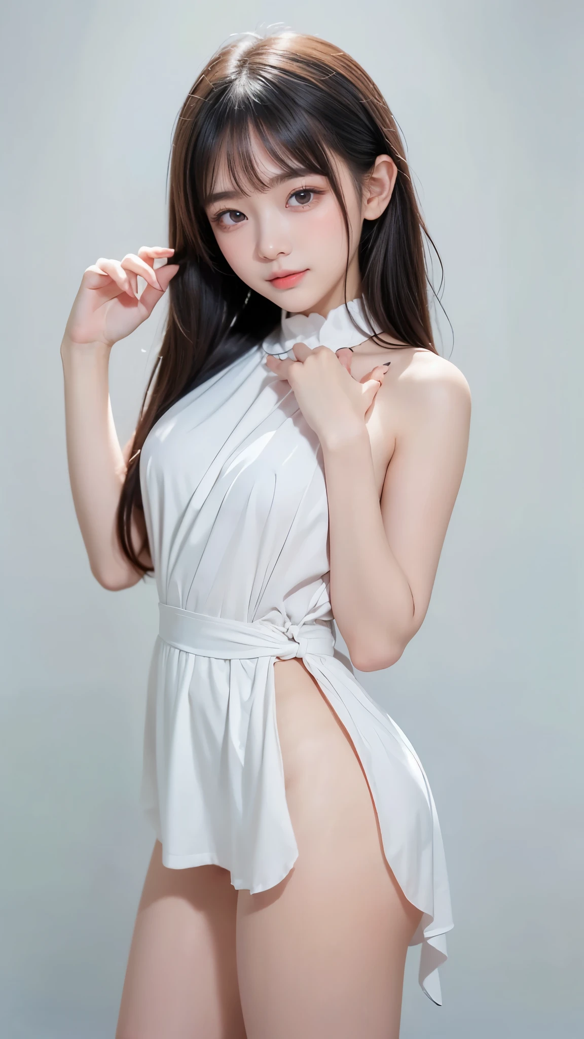 1girl, white dress, side slit, indoors,standing, sideboob,