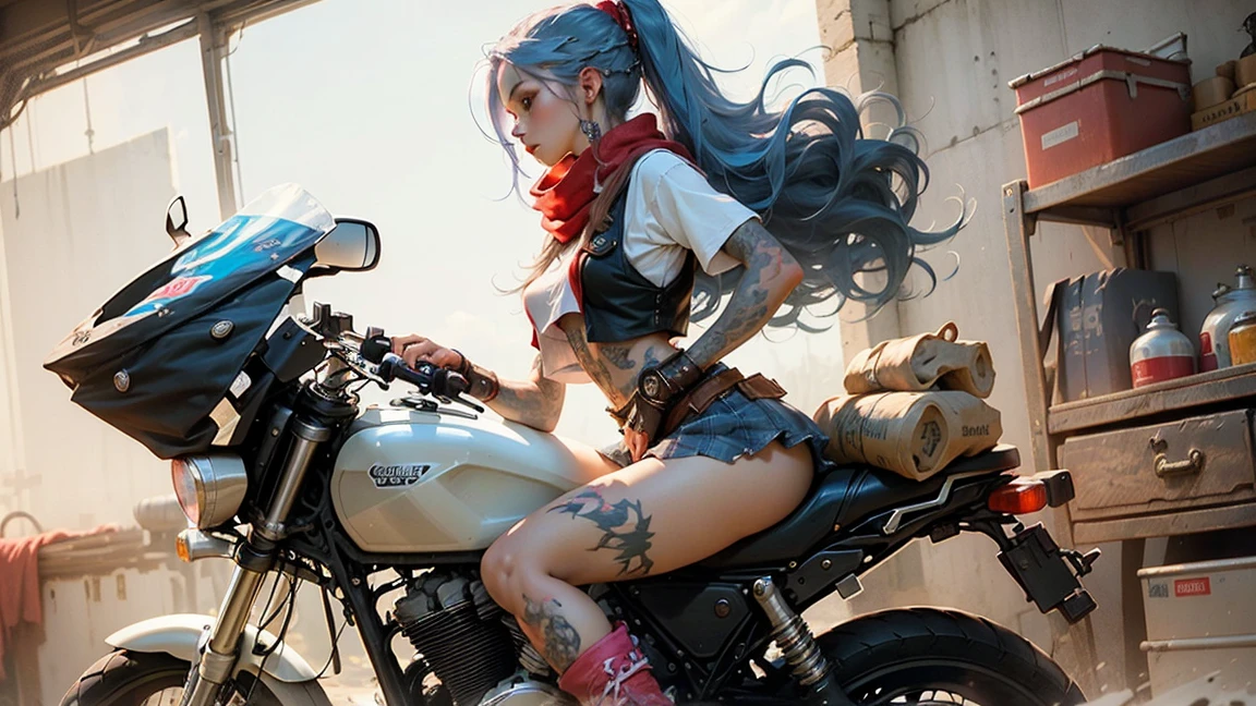 nsfw, anime screencap, 16K, perfect anatomy proportion body, perfect hands, action, A dynamic composition with a sense of speed and movement, (Ride a steel motorbike:1.6), a wife, 40age, NUDE, perfect beautiful delicate sexy face, perfect beautiful delicate drooping eyes, blue hair, updo, large breasts, abs, hairy female pubic hair, Wear an elaborate chain mail loincloth, great desert, Post-apocalyptic,