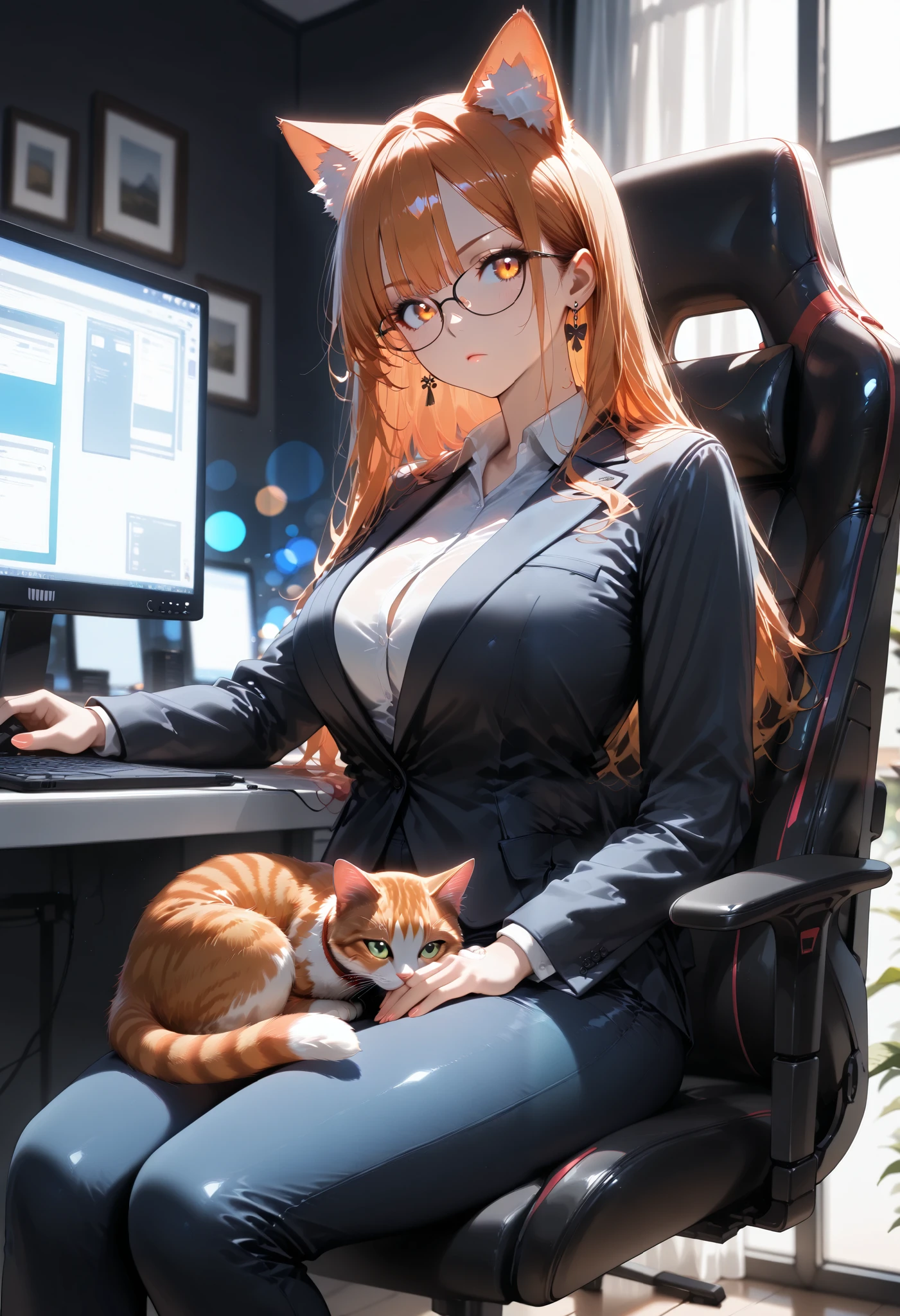 Woman, Red Hair, Green Eyes, Pony Tail, Office Lady, Black Pencil Skirt, White Collared Shirt, Plunging Neckline, Black Lace Bra, Home Office, (Holding a Gray Kitten), ((Taking a Selfie))