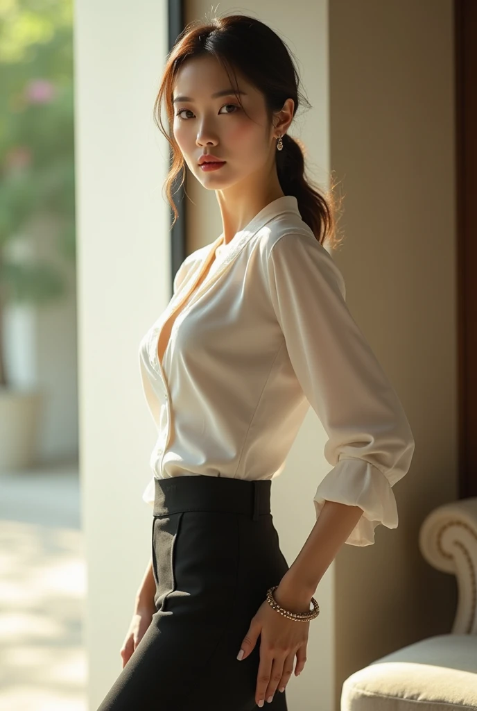 photo of Girl, Sitting, Fair skin, ((Loose & Open Chest Temptation shirt)), F Lal, ((look far away)), Pleated miniskirt, A meticulous touch, Detailed fabric texture, beautifull detailed face, Smooth skin, Detailed skin, skin pore, Black hair