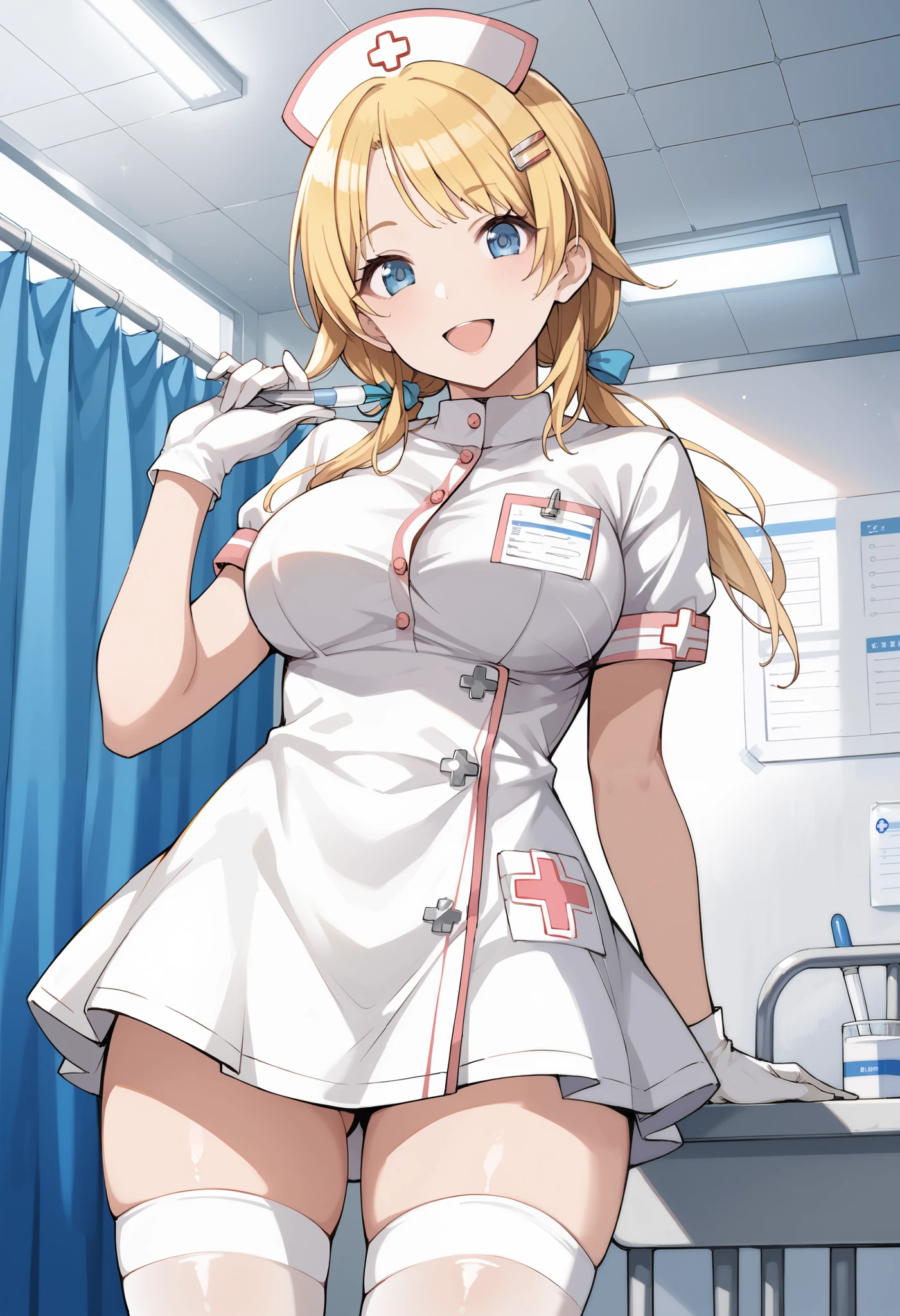 1girl with young boy patient in, Nurse with boy , Nurse Cap, Whiteware, ((White legwear, zettai ryouiki)), White Gloves, Blonde hair, Blue eyes, pink lipsticks, Smile, Standing, sharp outline, Short sleeves, Best Quality, masutepiece, infirmary, sexy nurse molesting young boy, young boy amazed and excited, nine years old boy with pennis erection