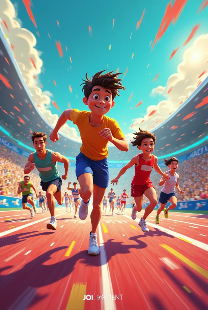 Cartoon of cute young energetic boy, running on very high speed in a race with other cute boys, running in a stadium on 100m racing tracks, blue and white electricity flowing around him in circles around him.
