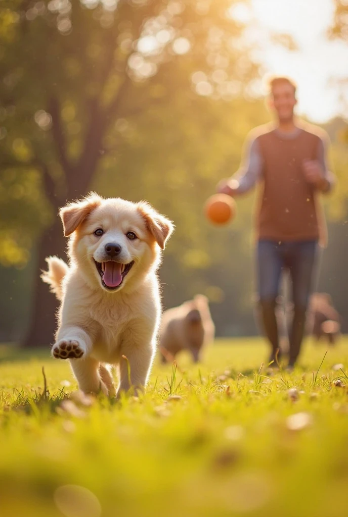 A small, fluffy puppy named Tommy plays joyfully with his owner in a sunny park. The owner, a young man, smiles as he throws a ball, and the puppy excitedly runs to fetch it. The atmosphere is warm, with golden sunlight filtering through the trees.

