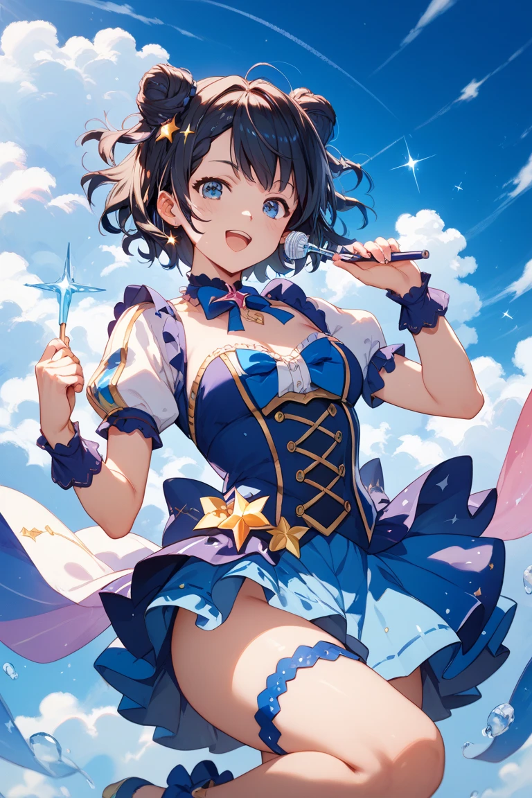 1girl,solo,cute,she has a balloon,cleavage,falling from sky,brilliant,