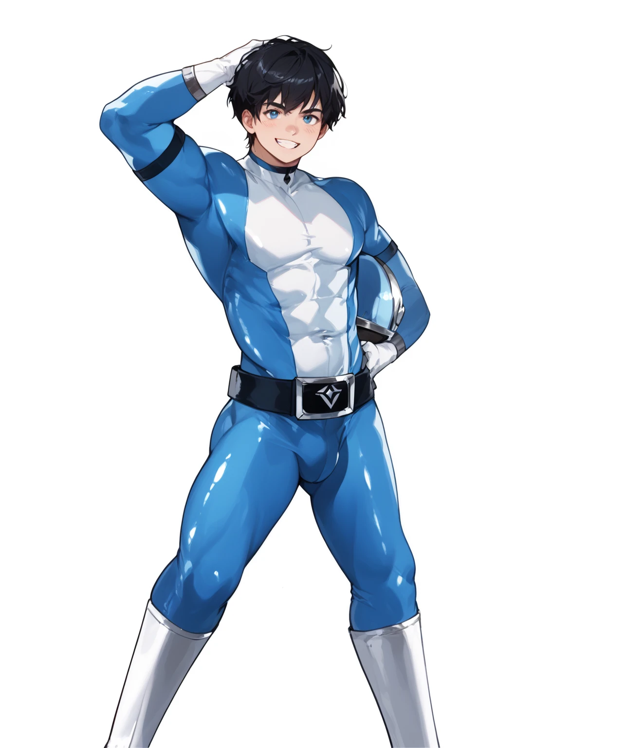 1boy、Mizuno Ami as a boy、独奏、Man in blue leotard、clothing:Light blue leotard、短い青髪のboy、青い瞳のboy、Leotard、レオタードを着たboy、Rogue Anime Boy、Wearing a leotard、Anime Male Full Body Art、Leotard、leotard sleeve with an longsleeve、leotard bottom with an high leg、Gymnastics Leotards、boyが立っている、smile、boy、Beautiful Boy、ハンサムなboy、Blue Hair、erectionpenis、a fully erect penis、perfect body、perfect hands、perfect legale body:1.7)、