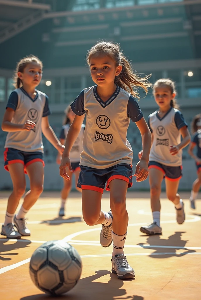 Create a modern sports uniform model for children, of primary school with orange as the predominant color and blue as a complement showing the children in front and back view