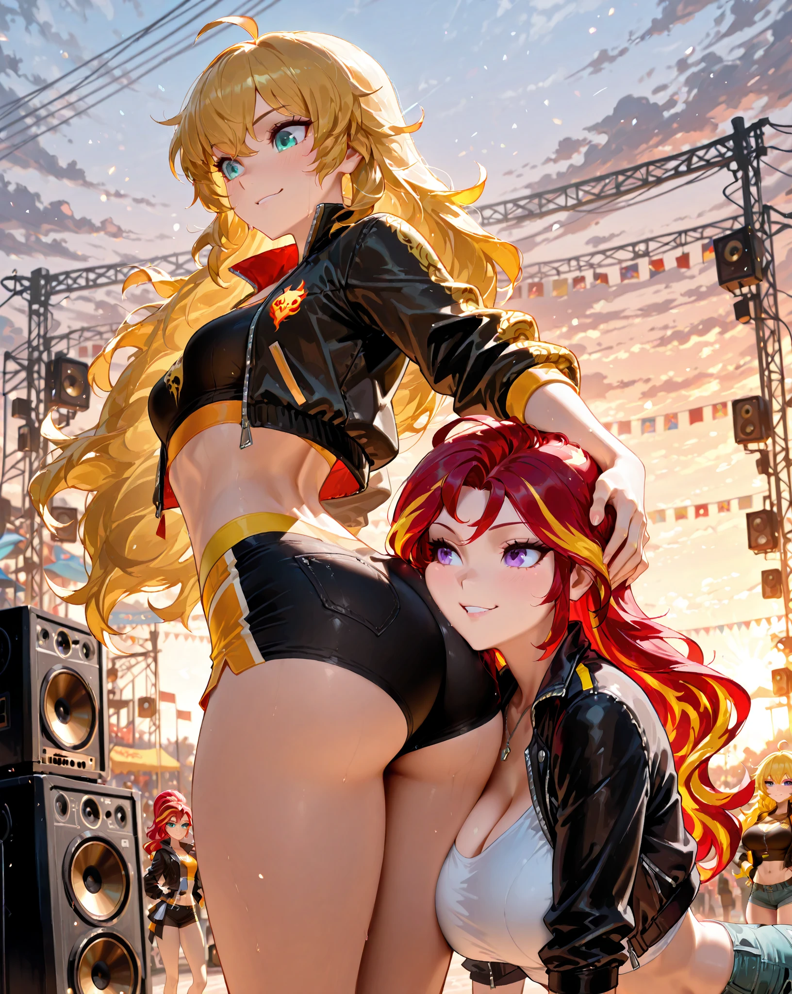 2 women, photoshoot poses, Erza Scarlet and Lucy Heartfilia posing together,  ((Erza Scarlet) red hair, long hair, ponytail, white ribbon, hair over one eye, brown pupils, large breasts, collarbone, in elbow gloves, carnival outfit, bzccostume, headdress, feathers, pasties, nipple slip, no shirt, thigh highs, black panties, garter belt, showing sternum, showing stomach, belly button piercing, choker), ((Lucy Heartfilia) blonde, long hair, blue bow in hair, brown pupils, white and blue carnival costume, bzccostume, headdress, white stockings, white garter belt, white bra), blush, giant tits, (both women, posing together, hands behind head, dynamic pose, night club background, spotlights on ceiling, dance floor in background, crowds watching from background people in background, everyone is looking at Erza Scarlet and Lucy Heartfilia), blush, embarrassed face, (ahegao:1.2), normal eyes, looking at viewer, 