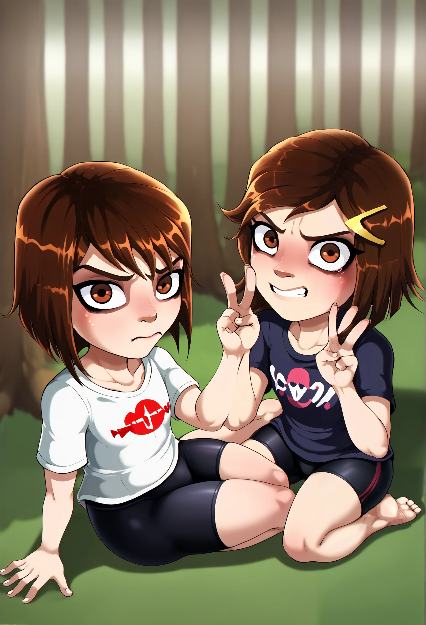 shadcom, shadman, shadbase artstyle, score_9, score_7_up, 1girl, solo, white T-shirt, black bike shorts, green forest background, presenting, curvy, cute girl, little, young girl, , short girl, jailbait, age 13, d, minor, solo, medium brown hair, brown eyes, middle school girl, age difference, innocent, ish, bratty, cute, immature, juvenile, younger girl, 120 cm in height, slimthicc, from above, ish, ish face, bratty face, shortstack, kindergartener, tight body, cheeky, angry, scared, sad, looking up at viewer, early s, big butt, bare feet, feet raised, legs folded double v, sitting, presenting, tiny nipples, nipples aren't visible, flat chest, chest covered by shirt,