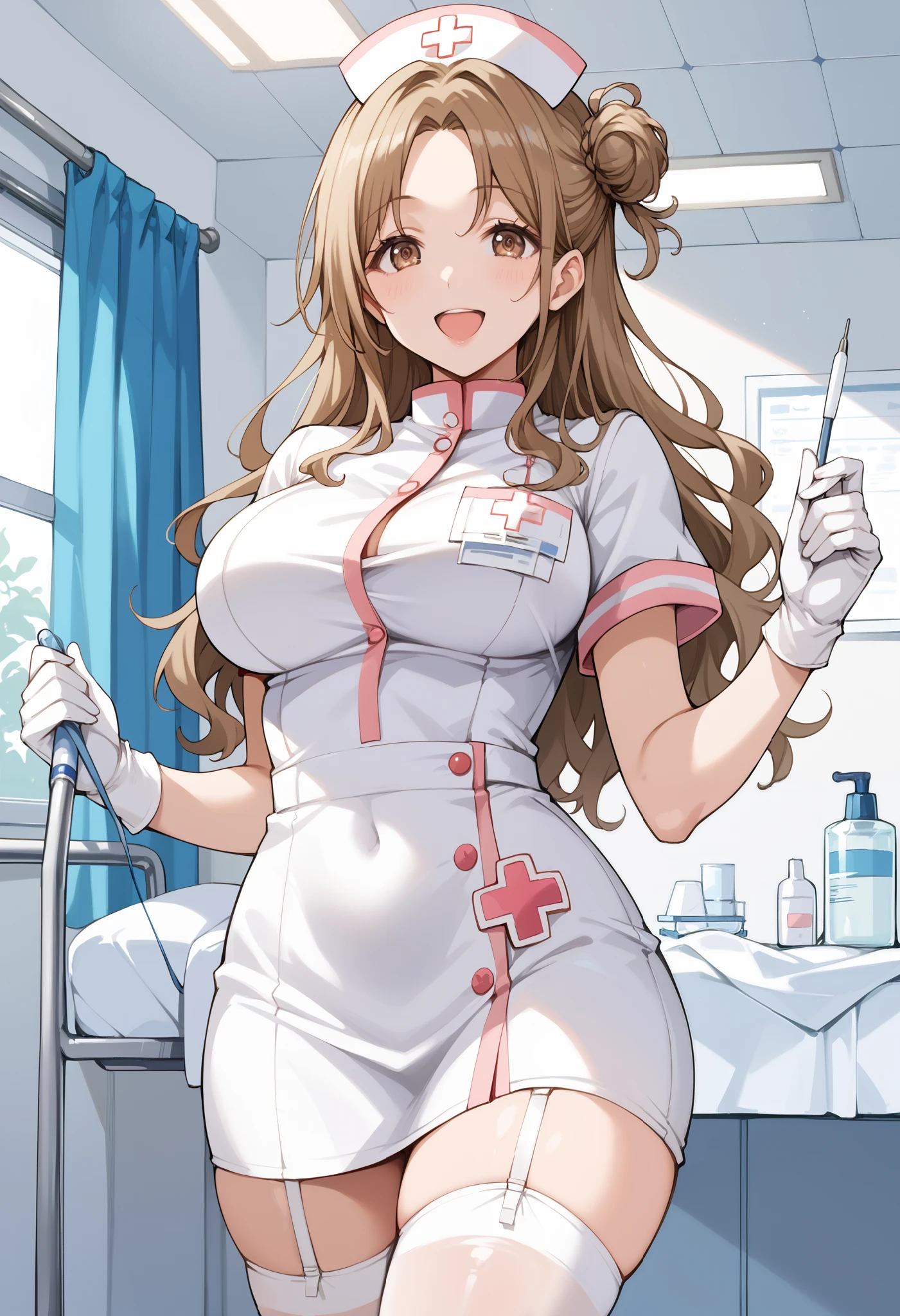 Nalgona with wide hips and big legs, pinkish brown hair, tied in pigtails, king ,  He is in a hospital and is wearing a nurse&#39;s uniform , hairy Pussy, Red lips, whore makeup, fishnet stocking stiletto high heels 