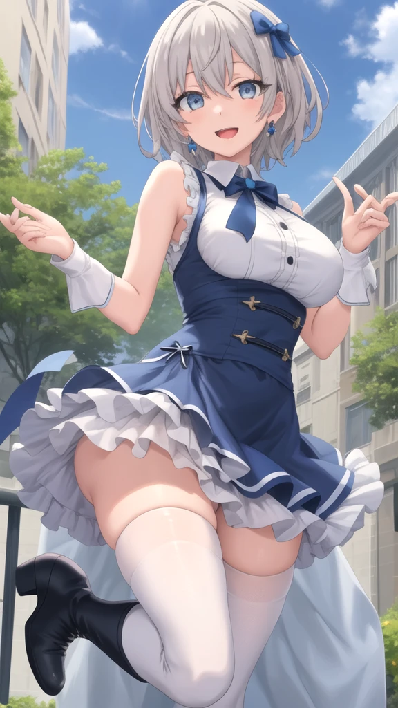(masterpiece:1.2, best quality), (1girl) ,shaggy silver hair cut with pony tail , shiny blue eyes, striped dark blue lace shirt ,frilled skirt,sleeveless, (Lift up the skirt:1.4),(bottomless visible:1.3),(cameltoe:1.2),(love juice:0.7),
(frown:1.2),(angry:1.2),contemptuous,disdain,(hate:1.3),looking down,elegant,active angle,dynamism pose, outdoors,from below ,
