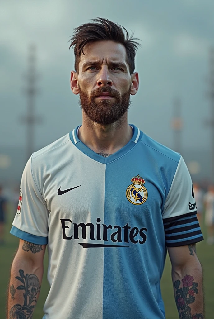 Messi as a cricket palyer wearing real Madrid jurcy