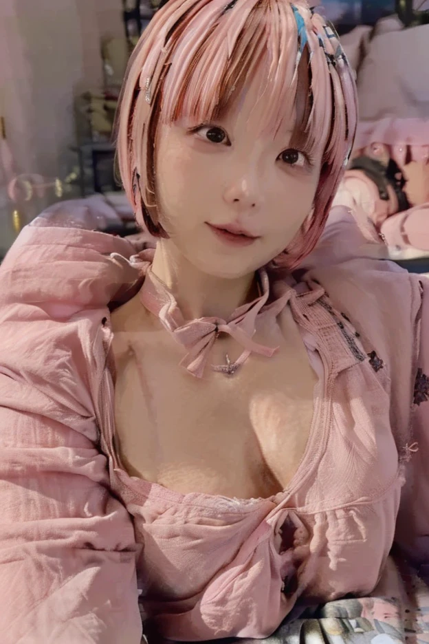 Cute girl short pink hair, with two bows on each side of the hair, all her hair short pink , with a star clip in her pink hair, light colored eyes, pretty eyes, crying eyes, pretty, upturned nose, watery nose, Pretty lips, pink lips, heart and cupid shaped lip, pretty skin, pale, White skin, with moles and freckles all over his face, soft pink blush on the cheeks, natural pink blush, soft pink makeup, Jennie, nice neck, marked collar, frown, tender look, with a kiss necklace, a pretty kiss necklace, similar to Yumeko Jabami, while wearing a Crochet YK2, woolen, with a white pants , while wearing a deep blue top with bear prints, while having a bare abdomen, Delgado, marked and pretty, (big breasts, soft breasts, nice breasts), while she is cosplaying the character Yumeko Jabami, The anime Kakegurui, looking to the camera, full body photography , Clothes Colour 🔵 blue,