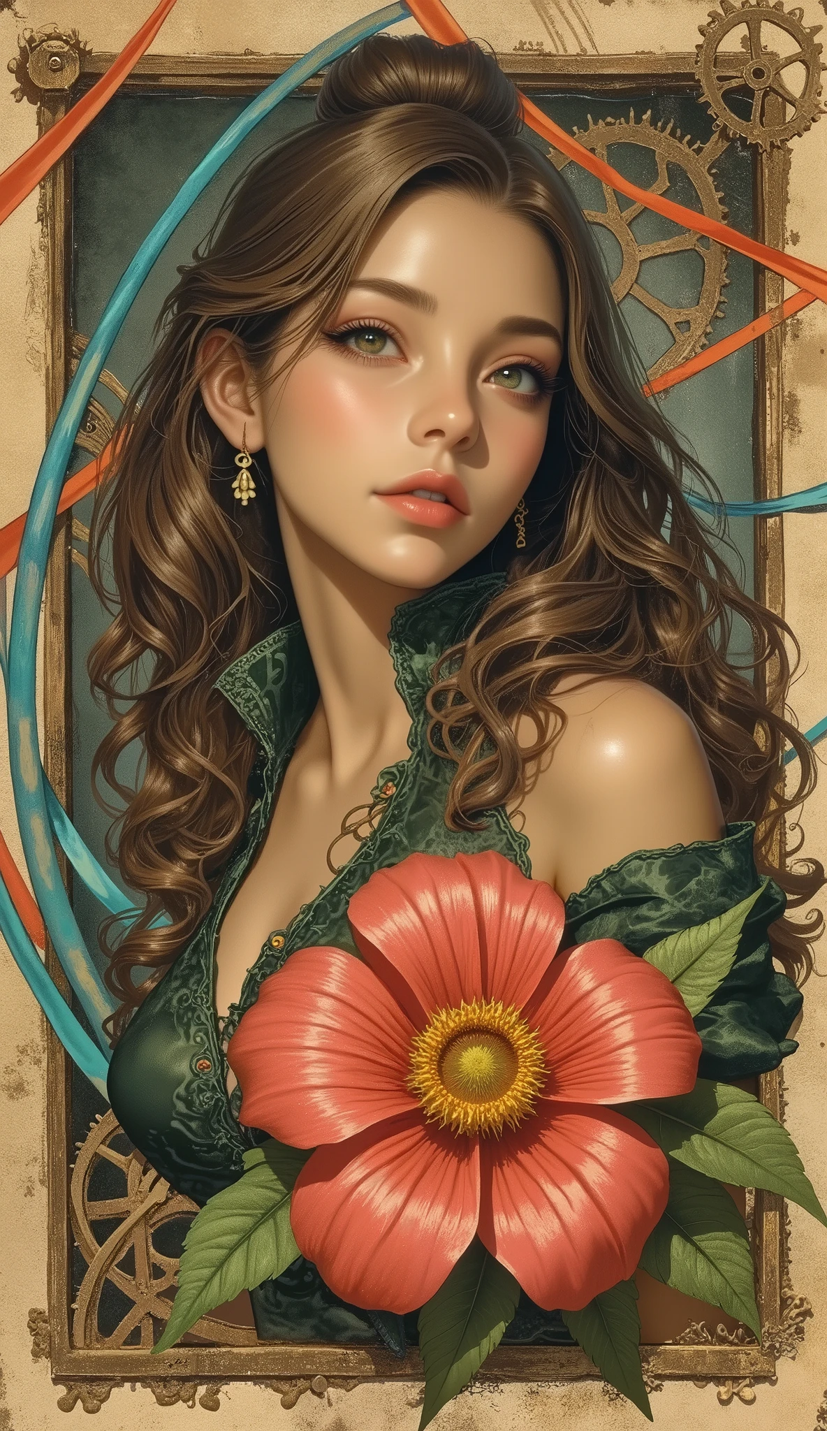 Charlie Bowater&#39;s realistic lithograph portrait of a woman, flower, [Gear], pipe, DIESEL PUNK, Multicolored ribbons, Old Paper Texture, very detailed