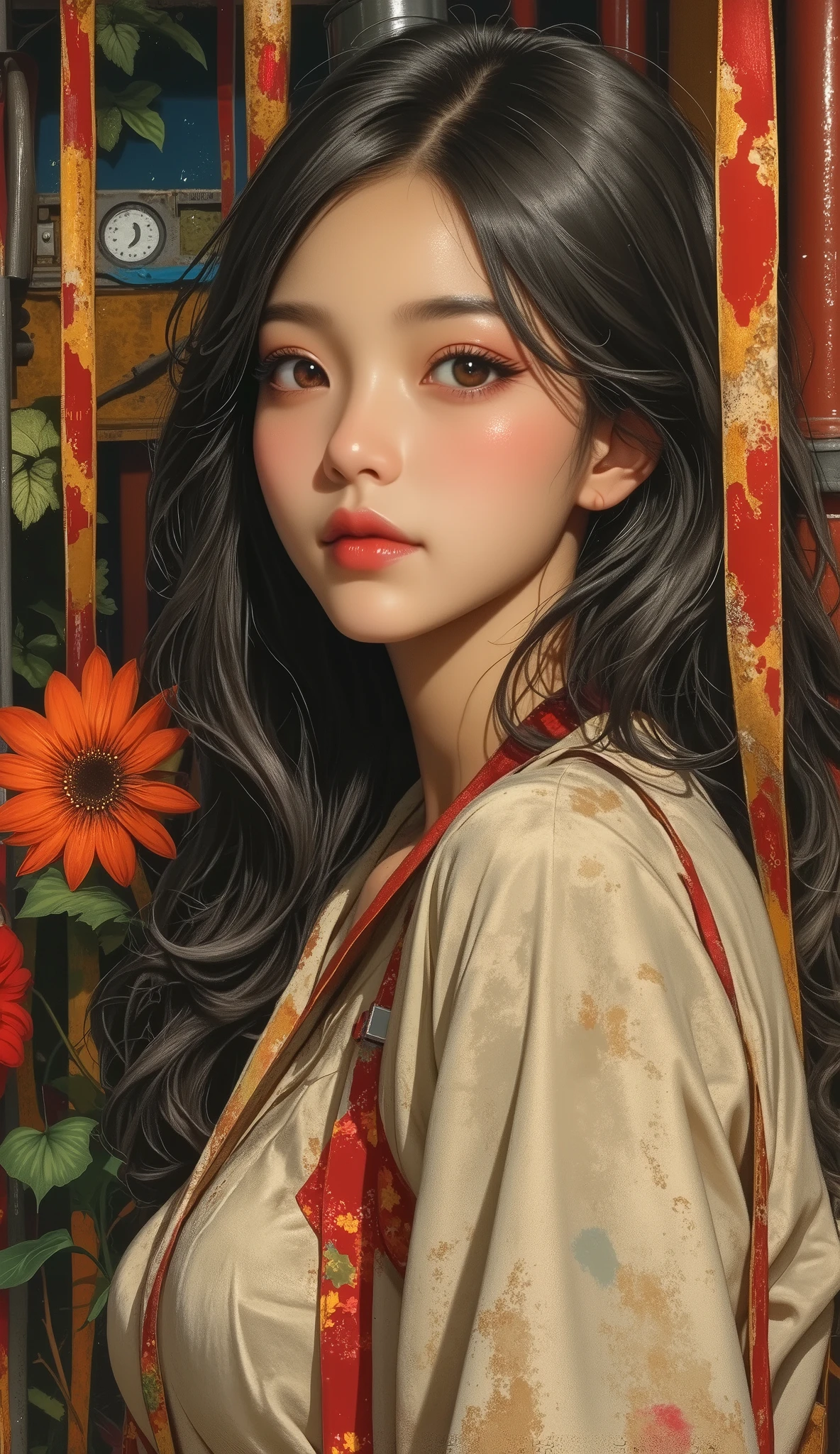 Charlie Bowater&#39;s realistic lithograph portrait of a woman, flower, [Gear], pipe, DIESEL PUNK, Multicolored ribbons, Old Paper Texture, very detailed