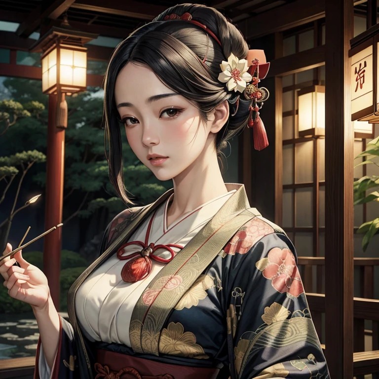 Japanese-style house、Sengoku period、it's raining、40 year old beauty、Holding a closed fan in her right hand、The weather is bad and it's dark