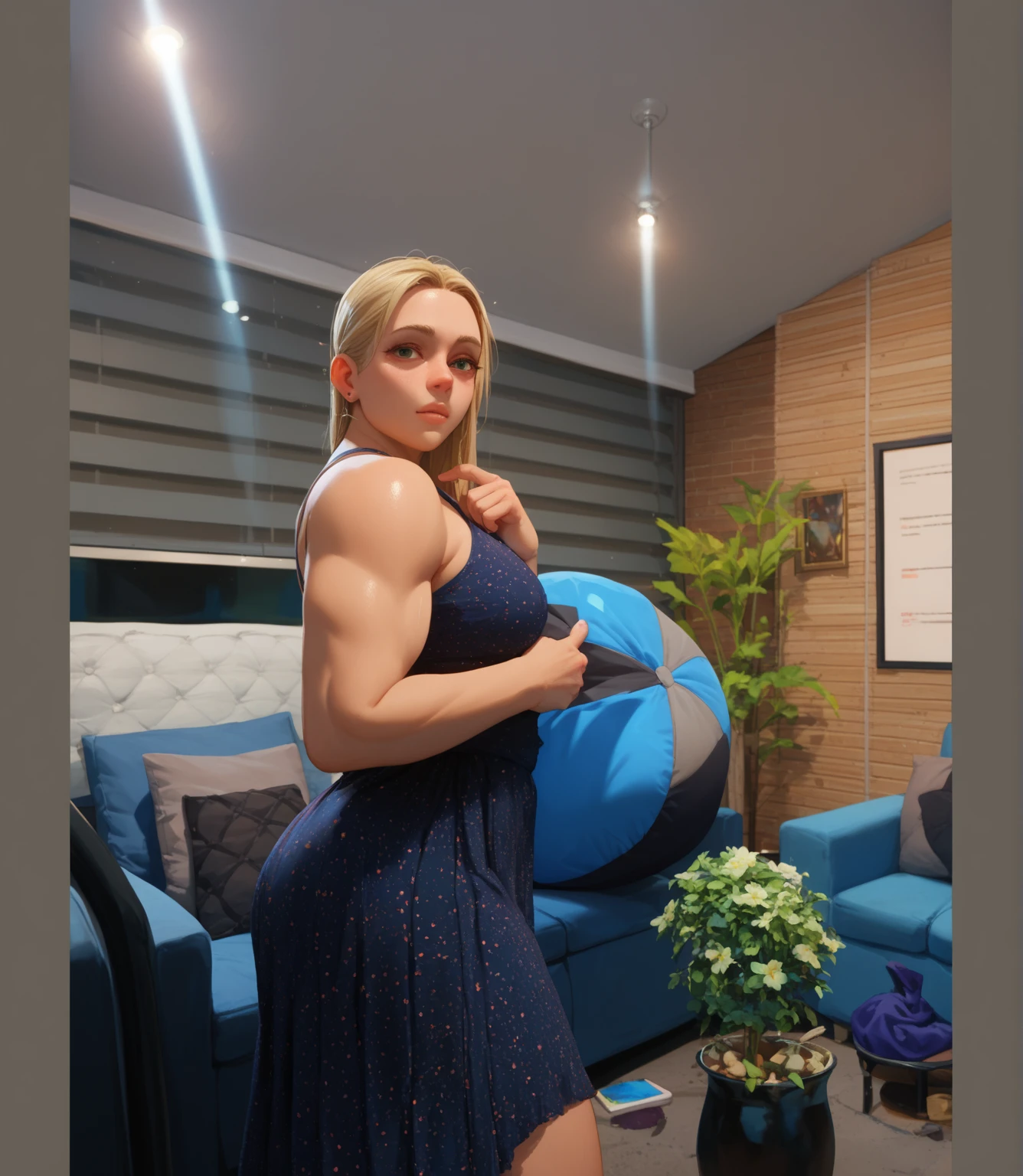 (Super Realistic), (Blonde Curly Hair), ((Busty Body)), ((Gigantic Boog Butt), (detailed description of hair), (detailed description of face), (detailed description of body), (white and translucent skin), peerless beauty, (extreme beauty), long legs, beauty spot, (mature royal sister), (red lips), (touch tits), (shy), (seductive smile) , facing the audience, show the full body, only 1 person, wear tank top and hot pants, in the market, ((((huge muscles))))