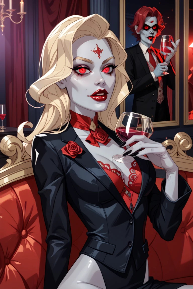 Anime a woman with long white hair albino eyes pale skin red lips wearing a black suit with a white tie thin face breasts more or less. sitting in a chair in her office with a cold look, drinking wine