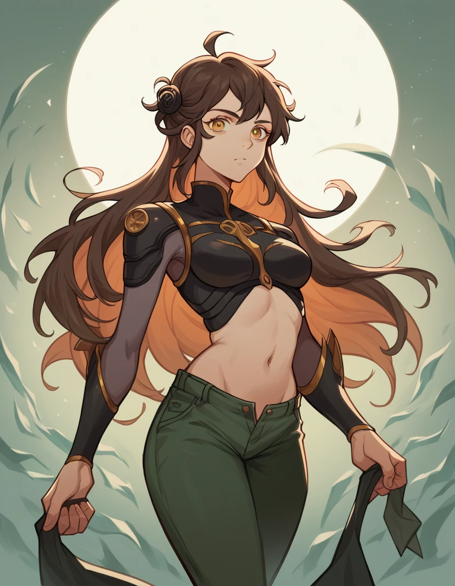 a beautiful man, extremely long hair , brown hair , light green eyes , brown skin, adult male ,Solo, male, skinny , effeminate, full lips , wearing a crop top , big hair , wavy hair , skinny body , has tiger ears