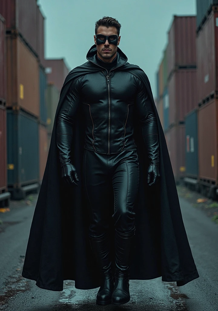 Create the image of a mysterious figure standing at the edge of the top of a large hill, looking at what's in front of him, he is tall and slender. He wears a a black cape to which he is bound forever, giving him immortality. The black cape councels his body, only making him into a somewhat cylindrical shape