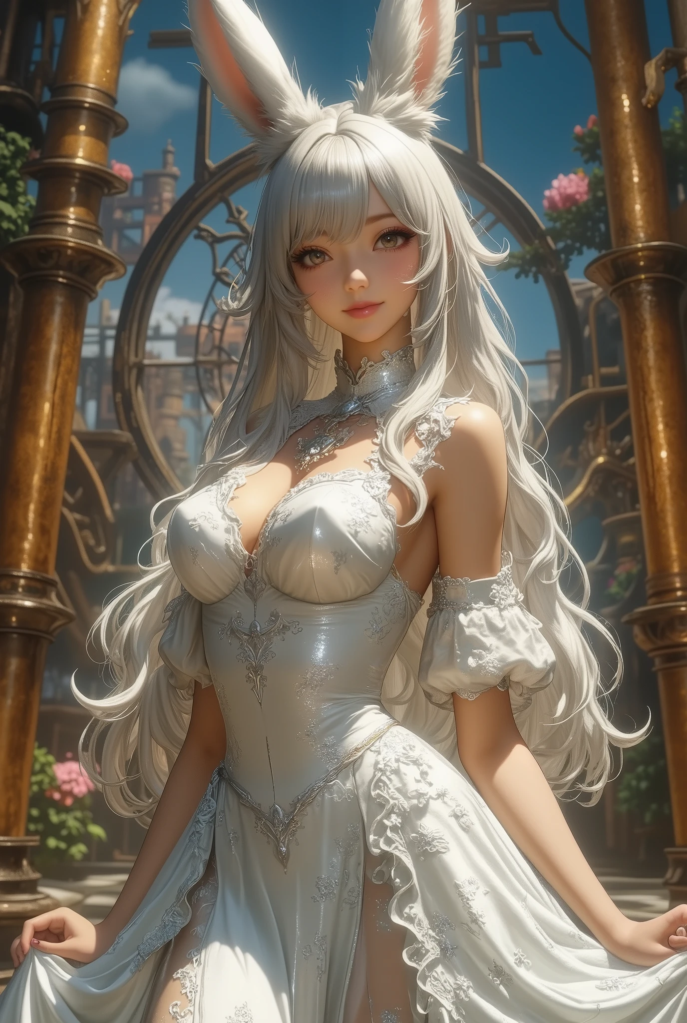 top quality, Super quality, 16K, incredibly absurd, very detailed, 2.5D, delicate and dynamic, Pretty Viera woman, enchanting smile, pure white wedding dress, amazing style, bouquet, steampunk, DIESEL PUNK, clock punk , cyberpunk, Glitter effect