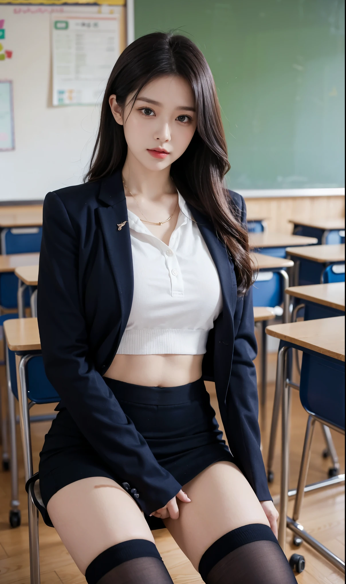 25 years old woman(glasses eyes), milf, ((at classroom)), ((school uniform)), RAW photo, (photorealistic:1.37, realistic), highly detailed CG unified 8K wallpapers, 1girl, ((perfect body:1.1)), (medium breasts:1.2) , looking at viewer, (((straight from front))), (HQ skin:1.2, shiny skin), 8k uhd, dslr, soft lighting, high quality, film grain, Fujifilm XT3, ((full body:0.8)), (professional lighting:1.4) ,