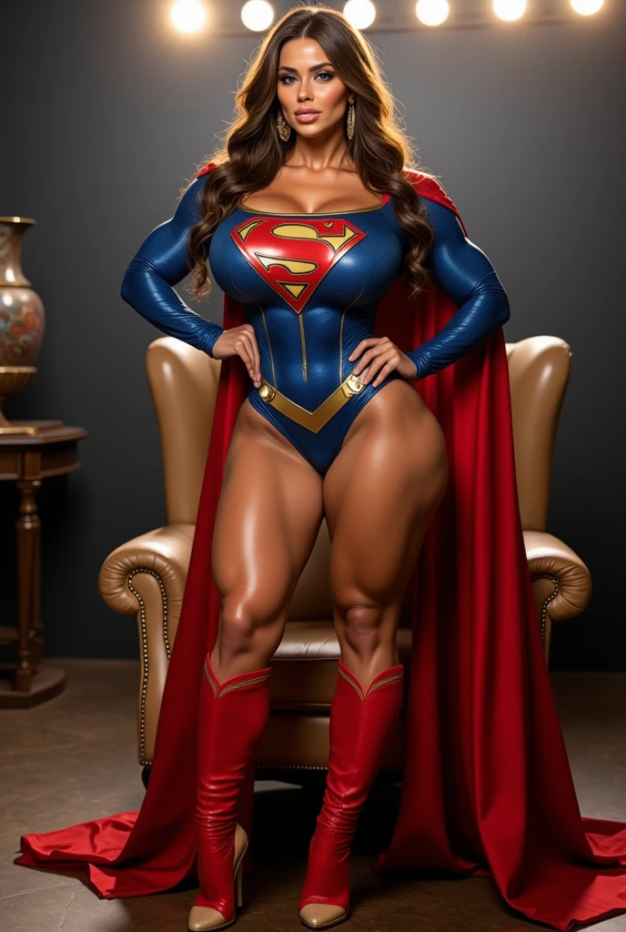 Henry cavill as a seductive female Superman well endowed with cleavage, smooth legs and heels, photo realistic high quality