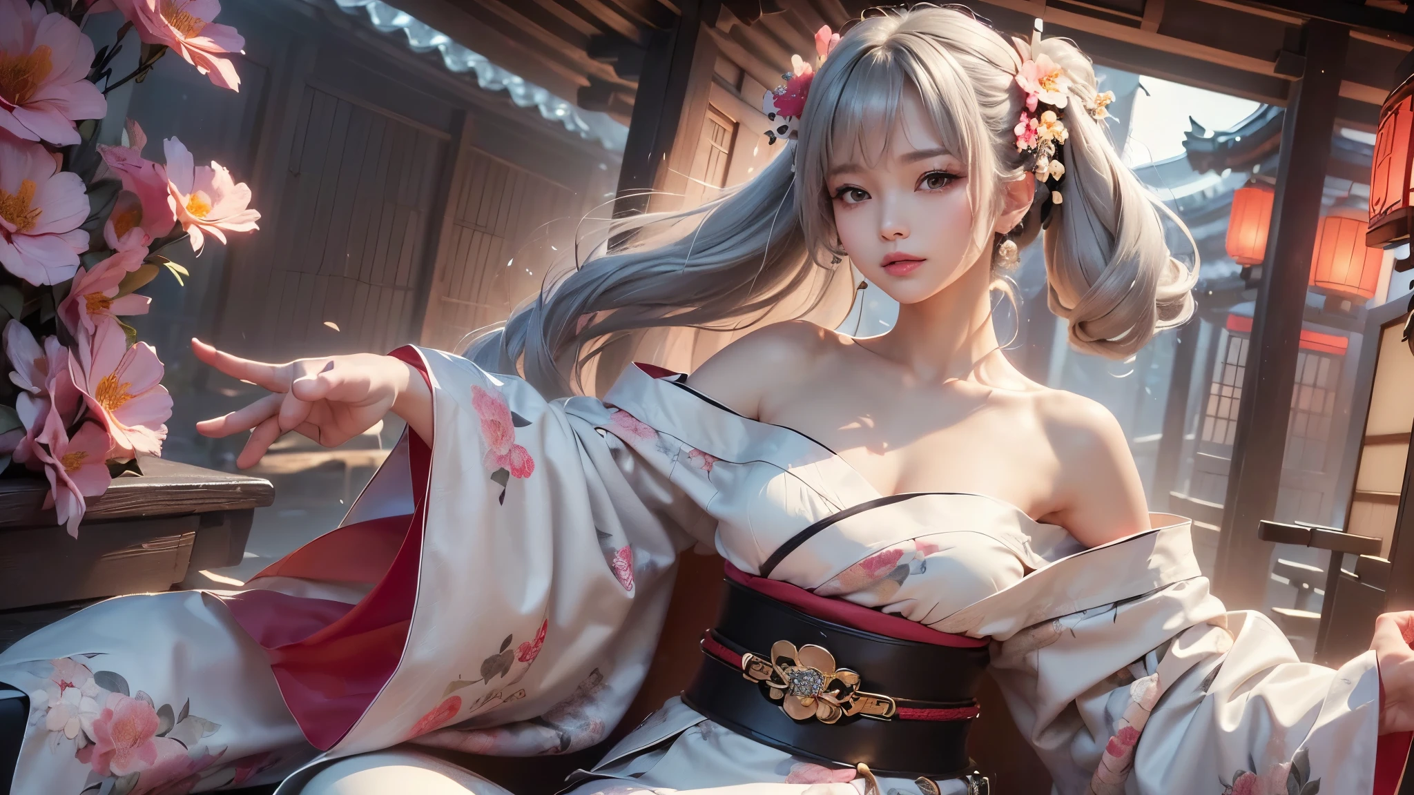 Create a realistic vertical image of a cute beautiful woman with K-pop idol-like features. She has pastel colors with a soft and light color scheme. Her hair is silver with pink tips and styled similarly to a K-pop idol. She is wearing a traditional kimono. The image shows her upper body facing forward. She is holding a large red heart-shaped crystal, about the size of a fist, in both hands in front of her chest. The background features a large, softly glowing moon and a dreamy atmosphere. The image is formatted for a vertical smartphone wallpaper.