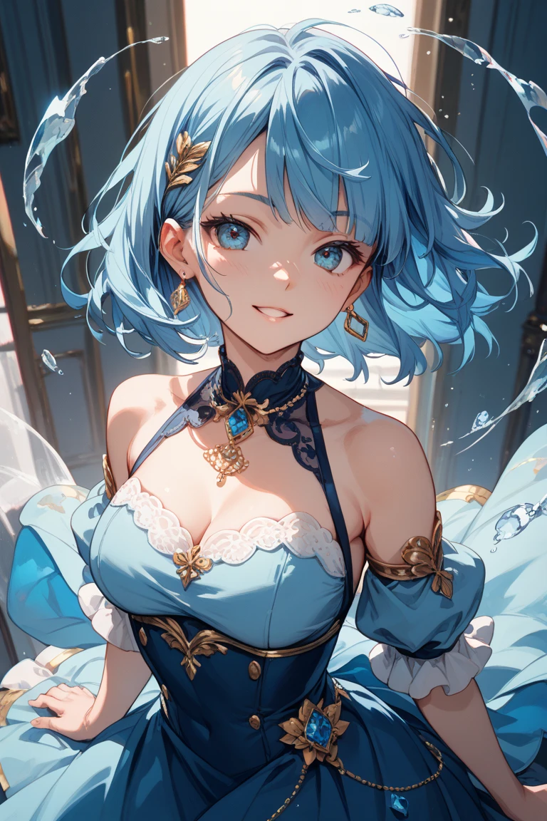 The lovely loli blue-haired lady vampire stood in front of the canvas, her body leaning forward slightly, her eyes looking straight ahead. She wore a gorgeous light blue dress, elegant and layered. The details of the long dress are embellished with lace and embroidery, showing her nobility and elegance.

Her slender arms were covered with a string of yarn bandages, and the soft gauze woven patterns on her skin, outlining an elegant sense of paralysis. The wound next to the bandage faintly showed traces of Yin red, which set off her fearlessness and strong will.

Her face is beautiful and cute, and her skin is as fair as snow. Her lips were rosy and plump, rising slightly to form a faint smile. Her eyes are deep and jewel-bright, like a blue starry sky, giving people a mysterious and charming feeling.

From her slender neck, a strand of long bright blue hair stretched, soft and shiny. Blue hair gently flutters with the breeze, adding to her mysterious and elegant temperament. Her neat and uniform ear-length short hair makes her look more cute and cute, just enough to highlight her girlish atmosphere.

The background of the standing painting can be a dark blue night sky, dotted with stars, as if to set off her mysterious existence. Or a gloomy castle with dilapidated walls and dim light that creates the mysterious environment she finds herself in.

The character in this standing painting will show her cuteness and contradiction, her hurt and strength. At the same time, through the depiction of details and the background of the background, she will also present a mysterious beauty and unique temperament.