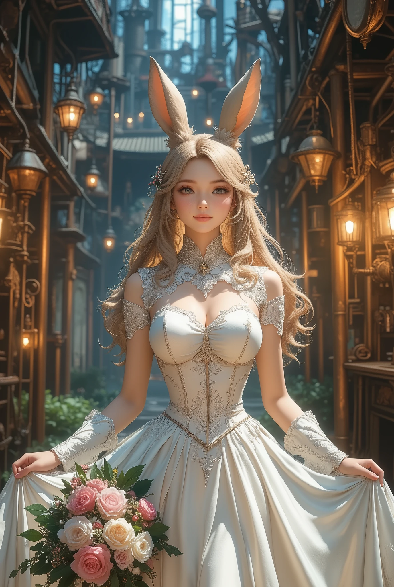 top quality, Super quality, 16K, incredibly absurd, very detailed, 2.5D, delicate and dynamic, Pretty Viera woman, enchanting smile, pure white wedding dress, amazing style, bouquet, steampunk, DIESEL PUNK, clock punk , cyberpunk, Glitter effect