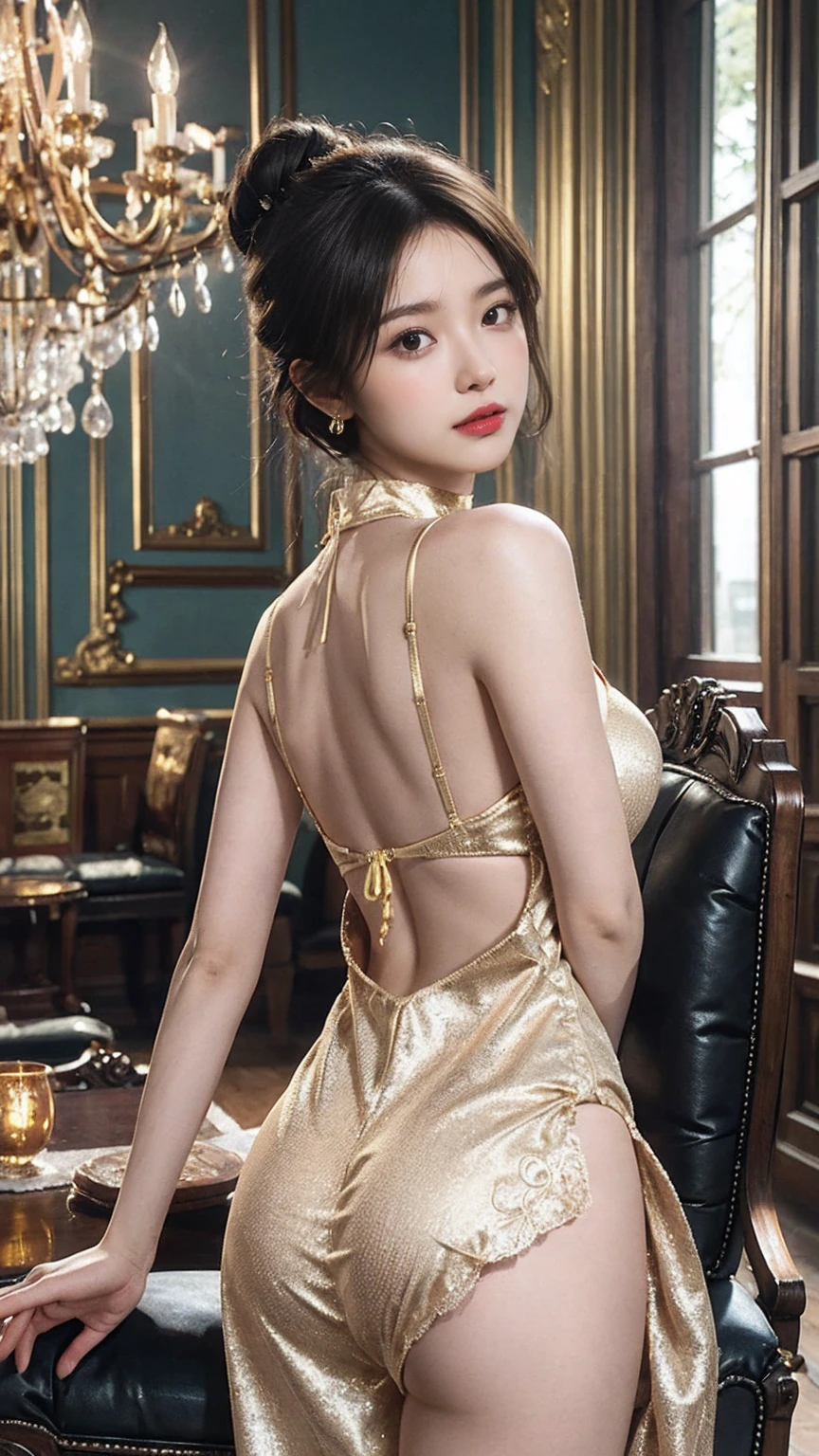 (((best quality))),(((ultra detailed))),(((masterpiece))),illustration,1 girl,solo,slim,thin,shoulder length straight bob hair,earrings,necklace,small breasts,flat chest,slender legs,high heels,Asian appearance,princess,royal,Chinese palace,night scene,magnificent dragon gown,golden crown,intricate embroidery,luxurious fabric,precious stones,(sitting on the metallic bed:1.3),(arms behind back:1.3),decorative patterns,rich decorations,luxurious furnishings,regal charm,beautiful face,gentle smile,bright eyes,historical,traditional,city lights,modernity,frozen moment,beauty of the past,evolution of time,(from front:1.3),(spread legs apart:1.3),(upper body:1.2)