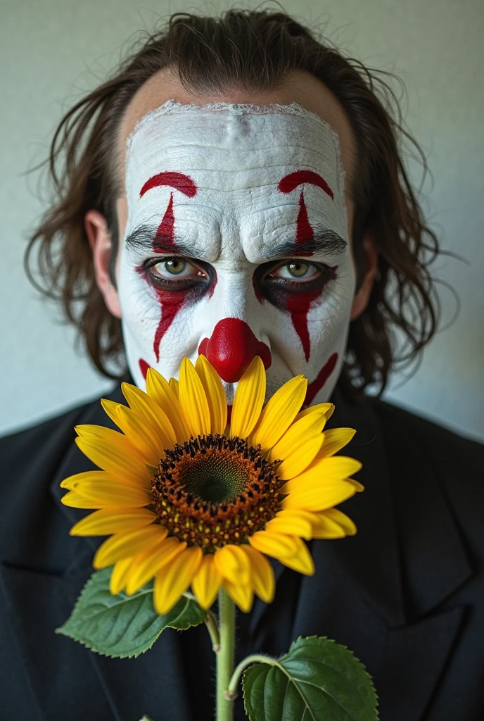 scary evil clown photo realistic holding a box 