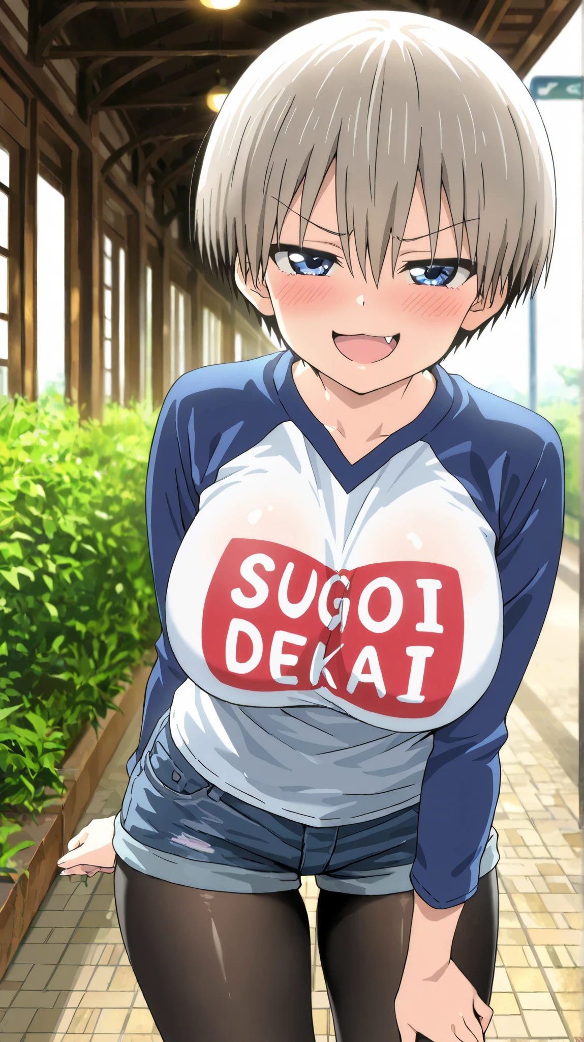 score_7_up, score_6_up, best quality, anime screencap, 1girl, Uzaki_Hana, big breasts, short hair, blue eyes, grey hair, short hair, T-shirt, short pants, blush, embarrassed_female, arms down, 1boy, faceless male, male face out of frame, size difference, side by side, looking at viewer, outside, Netorare