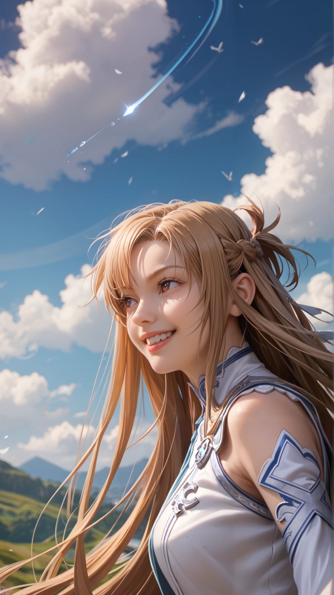 asuna, asuna_\(sao\), 1girl, fantasy, highres, looking_away, looking_to_the_side, original, realistic, scenery, solo, upper_body, smiling, action pose