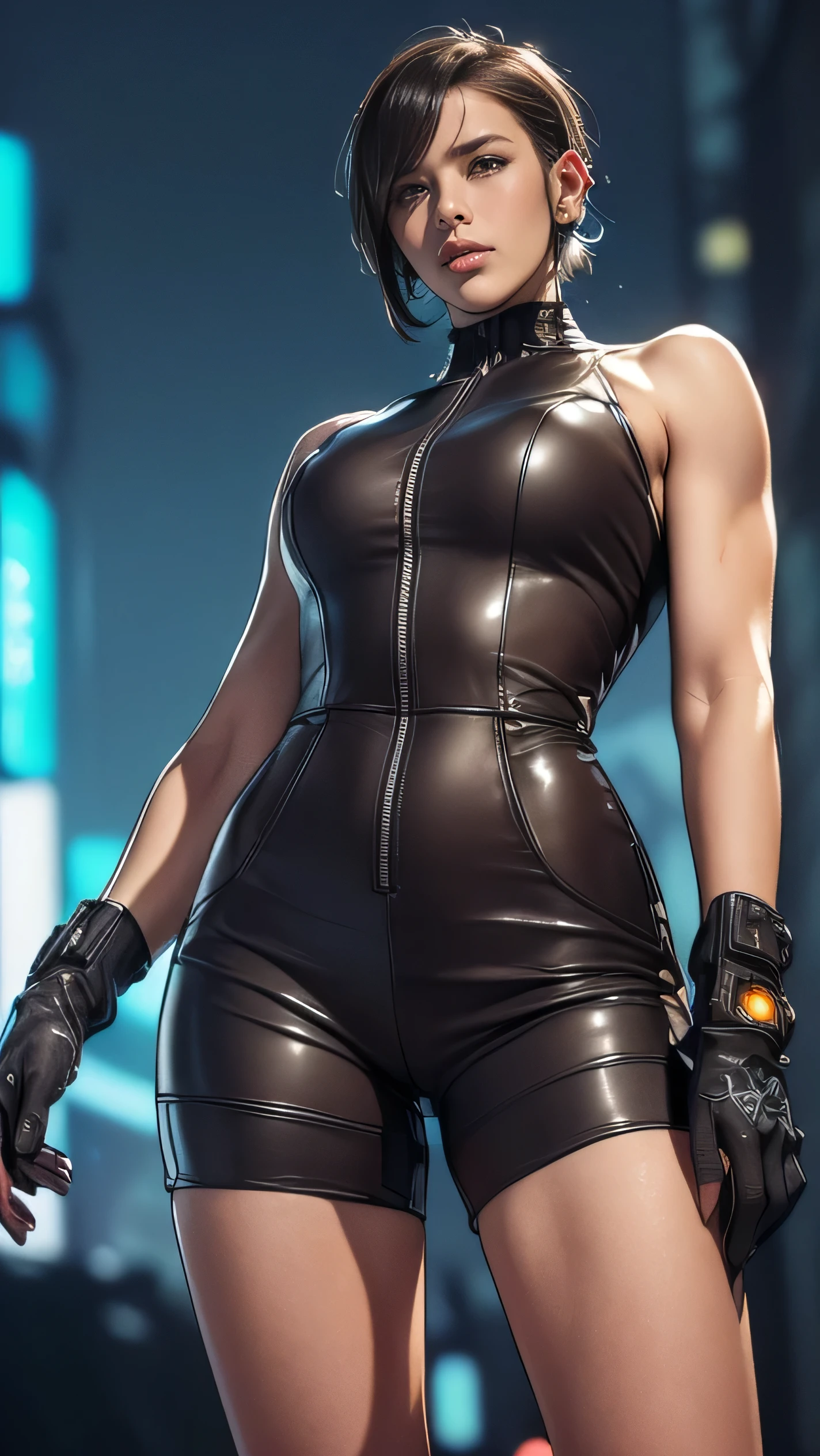 (A woman),(((A female member of the Future Force rides a motorcycle))),((Navy Tactical high leg bodysuit:1.5)),((earphone:1.5)),((Tactical Holster:1.5)),(Gloves:1.5),(Serious:1.5),(Super short hair:1.5),(bionde:1.5),(beautiful eyes:1.3),(Very detailedな顔:1.5),((Very detailed drawing of a female hand:1.5)),((muscular:1.5)),(Sexy appearance:1.5),((Thick thighs:1.5)),(Beautiful Body:1.5),((Very sensual:1.5)),(Background is hanger:1.5),(Cyberpunk atmosphere:1.5),(((Blurred background:1.5))),(Written border depth:1.5),rest(((masterpiece:1.5),(best quality:1.5),(Very detailed:1.5),(high resolution:1.5),(Practical:1.5),(Practical:1.5),(Delicate depiction),(carefully drawn))),8k,wallpaper, (((cameltoe:1.3))),from below:1.1