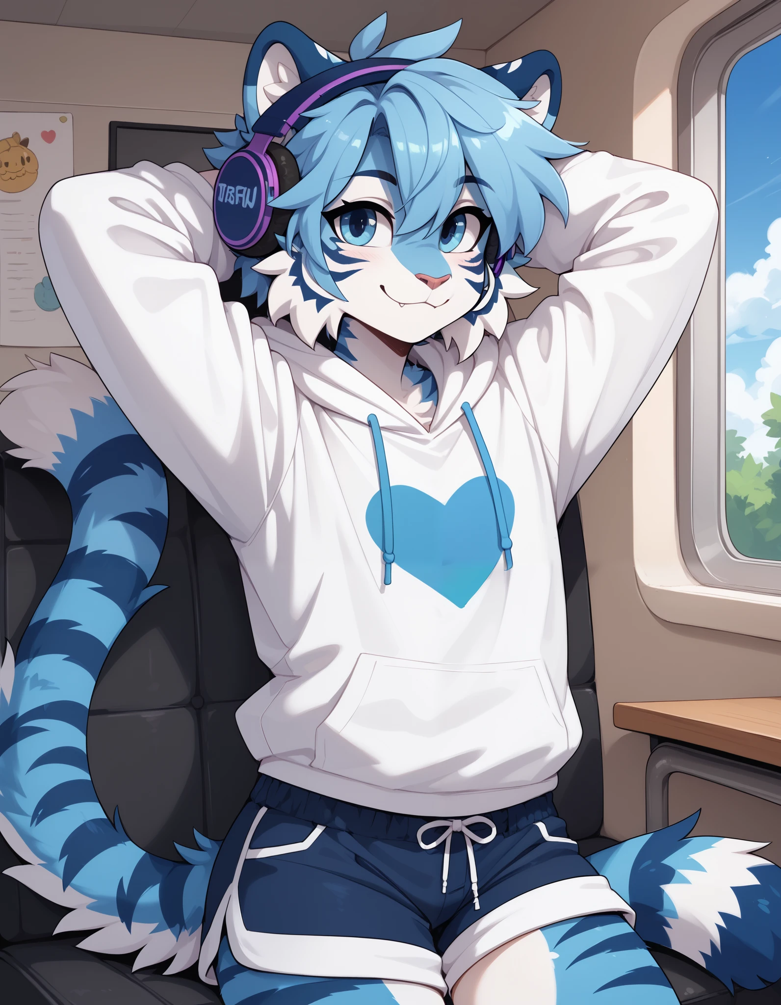 (Masterpiece) (High Detail) (High Res) A slim, curvy and cute tiger Male with blue fur and fluffy blue tiger patterned fur and bright blue eyes and curvy effeminate shape and a thick fluffy stripy tiger tail and a flat chest. Bright Blue Fur.. He is sat on a bus looking out of the window and is wearing a pair of headphones and has his hands behind his head. He is wearing a oversized baggy hoodie and shorts.