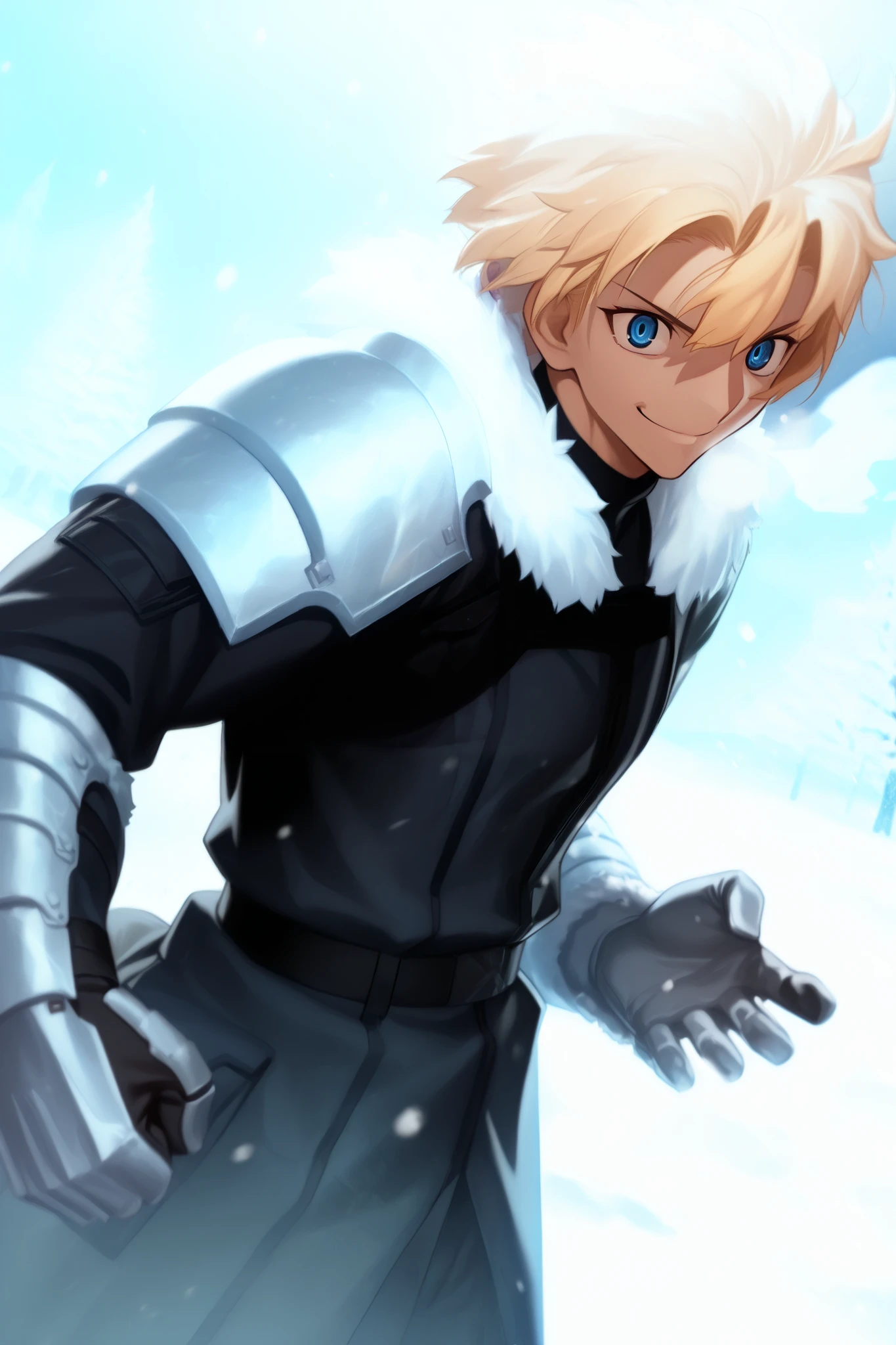 absurdres, (((Ultra HD))), (((Ultra High Quality))), ((hyper detailed)), ((Ultra High Resolution)), (Highly rendered), ((detailed eyes)), (((8K))), ((perfect face)), ((masterpiece)), cinematic, darkened, solo, 1boy, tall, toned body, blonde hair, smile, short hair, messy hair, blue eyes, tactical clothes, black trench coat, fur collar, shoulder armor, gauntlets, snow, Arctic region, nighttime, moonlight, snowing, heavy snow, blizzard, frost over clothes, cold breath