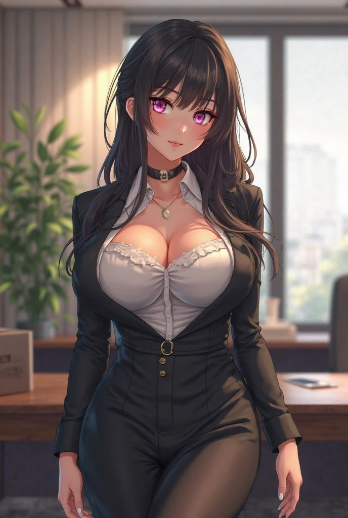 masterpiece, best quality, black hair , mobster, long hair, green eyes, big breasts, in a tight striped suit black, sexy look, perfect face, in an office, tanned skin, with tattoos.