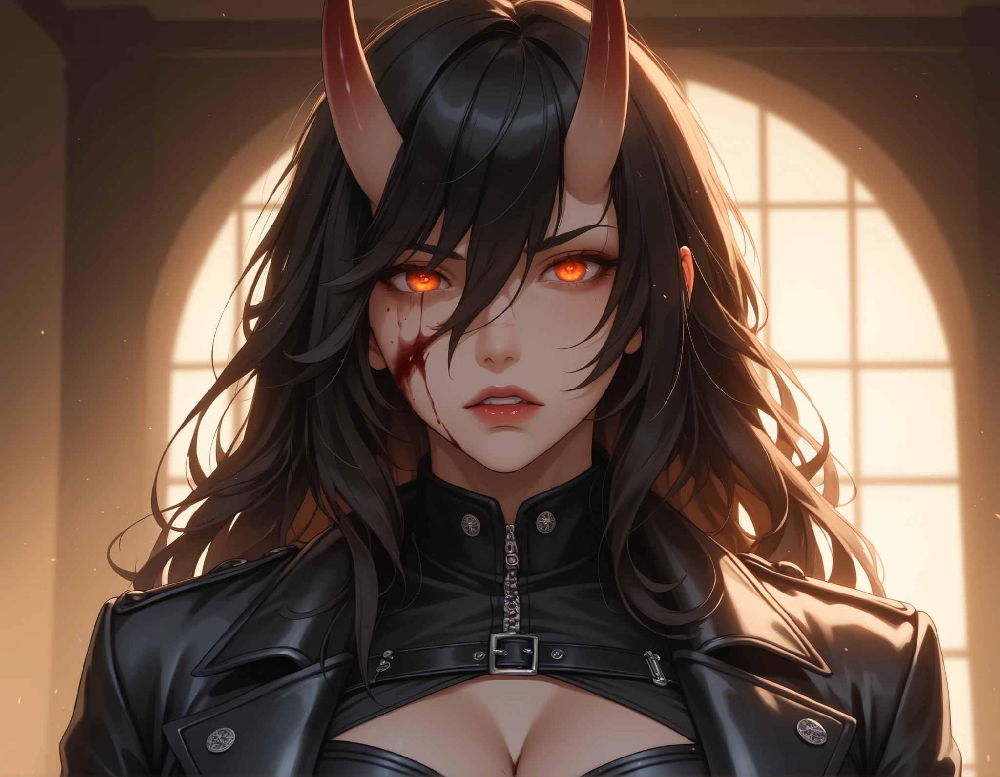Watercolor, score_9, score_8_up, score_7_up, (Volumetric_lighting: 1.7), (masterpiece), (lora: detailed anime girlsXL), (lora: NoobAI-XL Detailer), (lora: smooth lighting enhancer) (lora: Detailed Background), (lora: NKxXmo's Shaded Face), (lora: SDXL high detailed. LoRA_SDXL_ARW_0010: 0.75), (lora: Waifu Eyes), 1woman, , (cowboy_shot), solo, solo_focus, upper_body, detailed_Face, upper_body, zoomed_in, solo, gothic, oni_horns, tattoos, gothic, leather_bodysuit, combat_suit, glowing_eyes, black_leather_coat, surcoat, patches_on_coat, dynamic_pose, large_breasts, cleavage, blood_on_face, (very_long_hair:1.7), long_black_hair, red_streaks_in_hair, simple_background, bloody_background, standing, bowing_forward, holding_knife, grinning, blurry_background, cinematic_lighting, darkbackground, 8k, realistic, high_quality, detail_focused, foreshortening, blurry_background, (Diminishing scale perspective:1.3), ((forced_perspective))